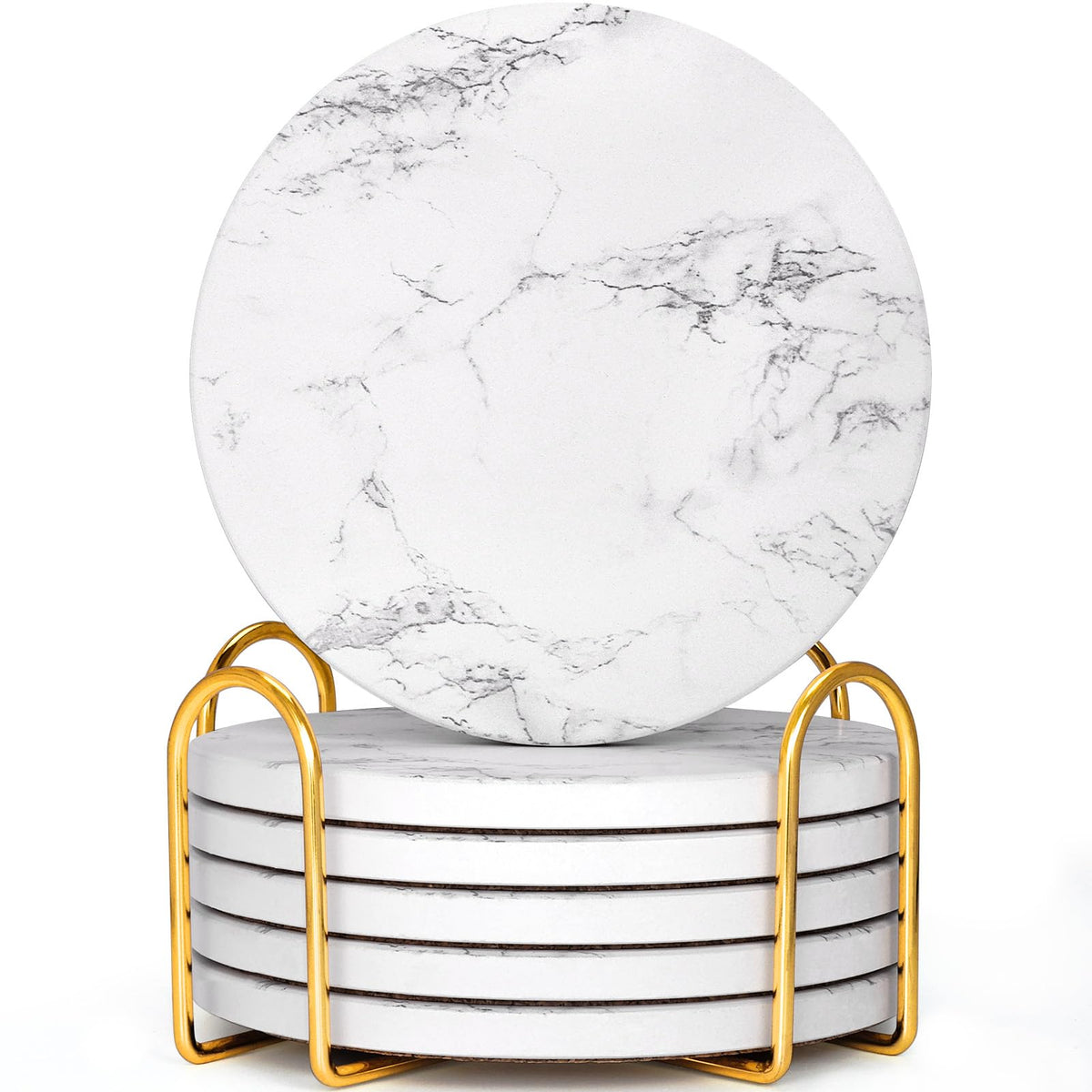 GOH DODD Coasters for Drinks Set of 6, Absorbent Marble Style Ceramic Coaster Tabletop Protection Home Decor with Metal Holder for Coffee Table, Housewarming Gifts Wedding Party, White, Round, 4 Inch