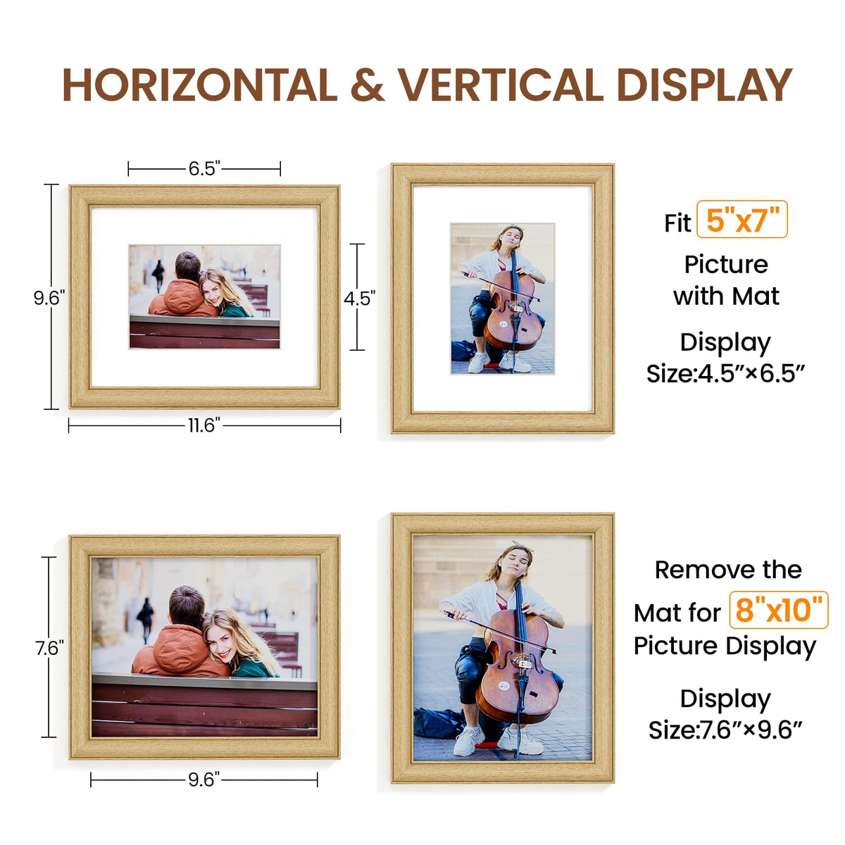 Natural Oak 8x10 Picture Frames Mat to 5x7 Picture Display,Original Wood Handcrafted Photo Frame,Wooden Frame 8x10 with Tempered Glass Graduation Family Wedding Pictures Tabletop & Wall Decor