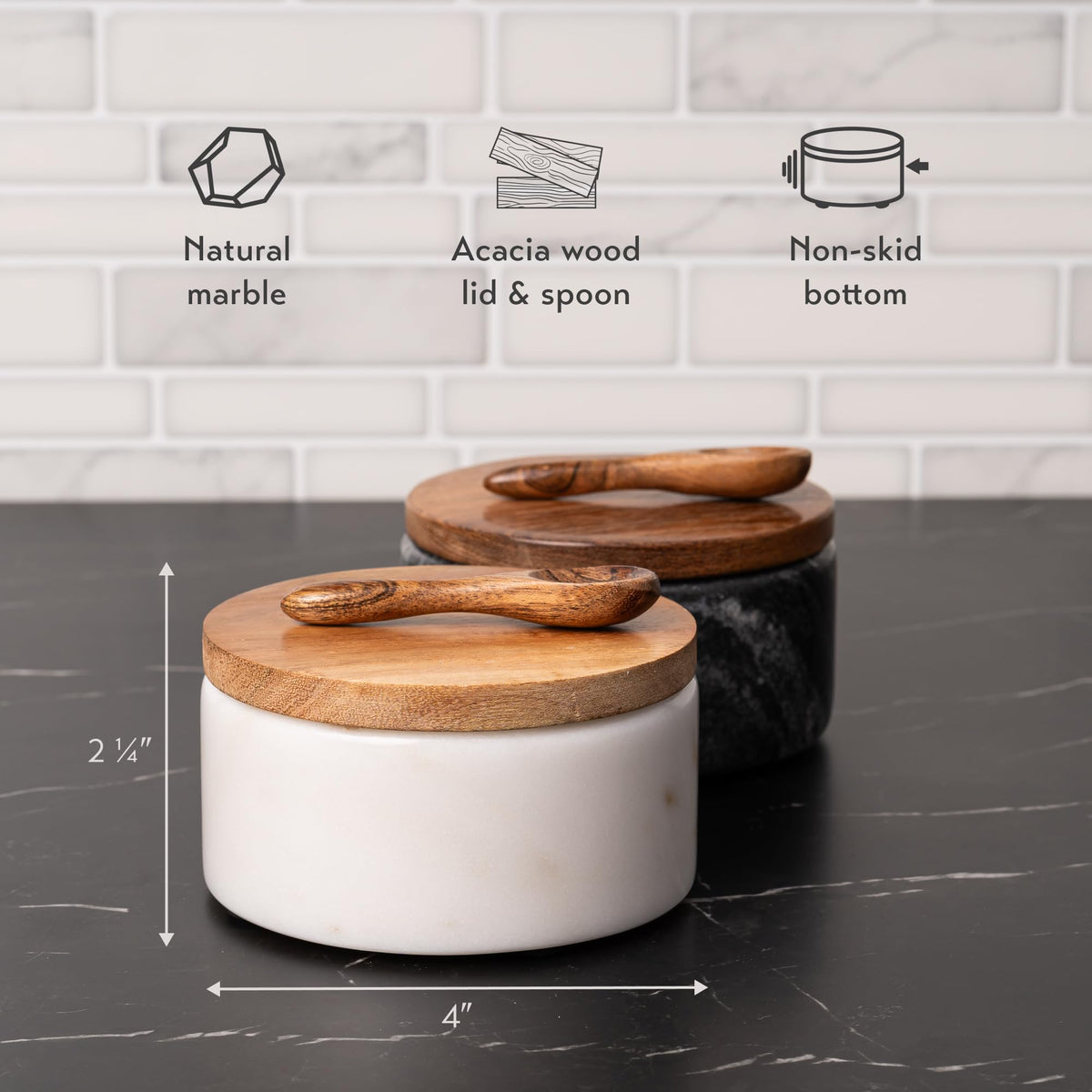Cork & Mill Marble Salt and Pepper Bowls - Set of 2 Handcrafted White/Grey Solid Marble Salt and Pepper Cellars with Lids and Spoons - Elegant Containers for Countertop or Table
