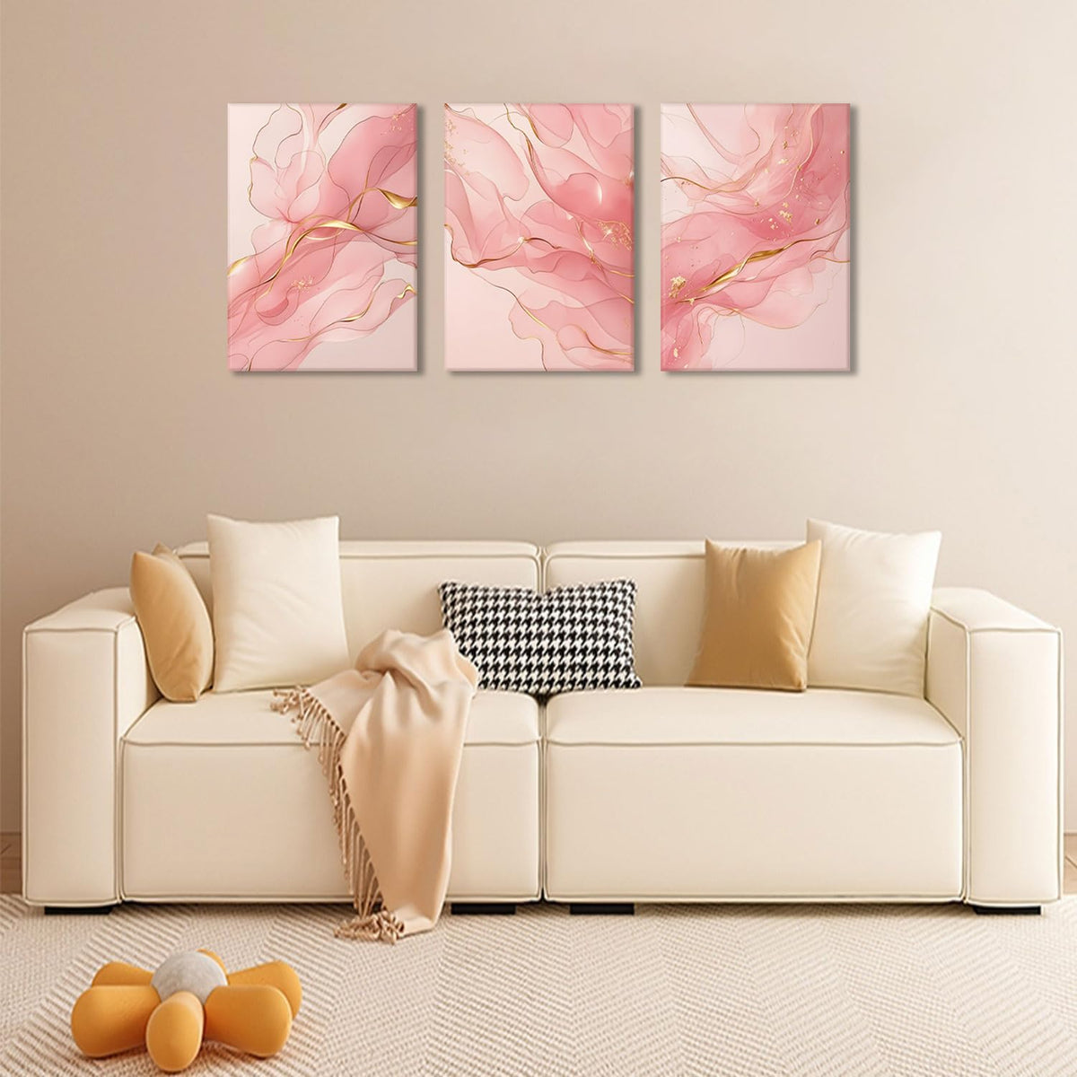 Fetyiu 3 Piece Pink Canvas Wall Art Pink And Gold Abstract Art Prints Modern Minimalist Pictures Wall Decor Marble Paintings Artwork for Living Room Bedroom Bathroom Office 12x16in Framed