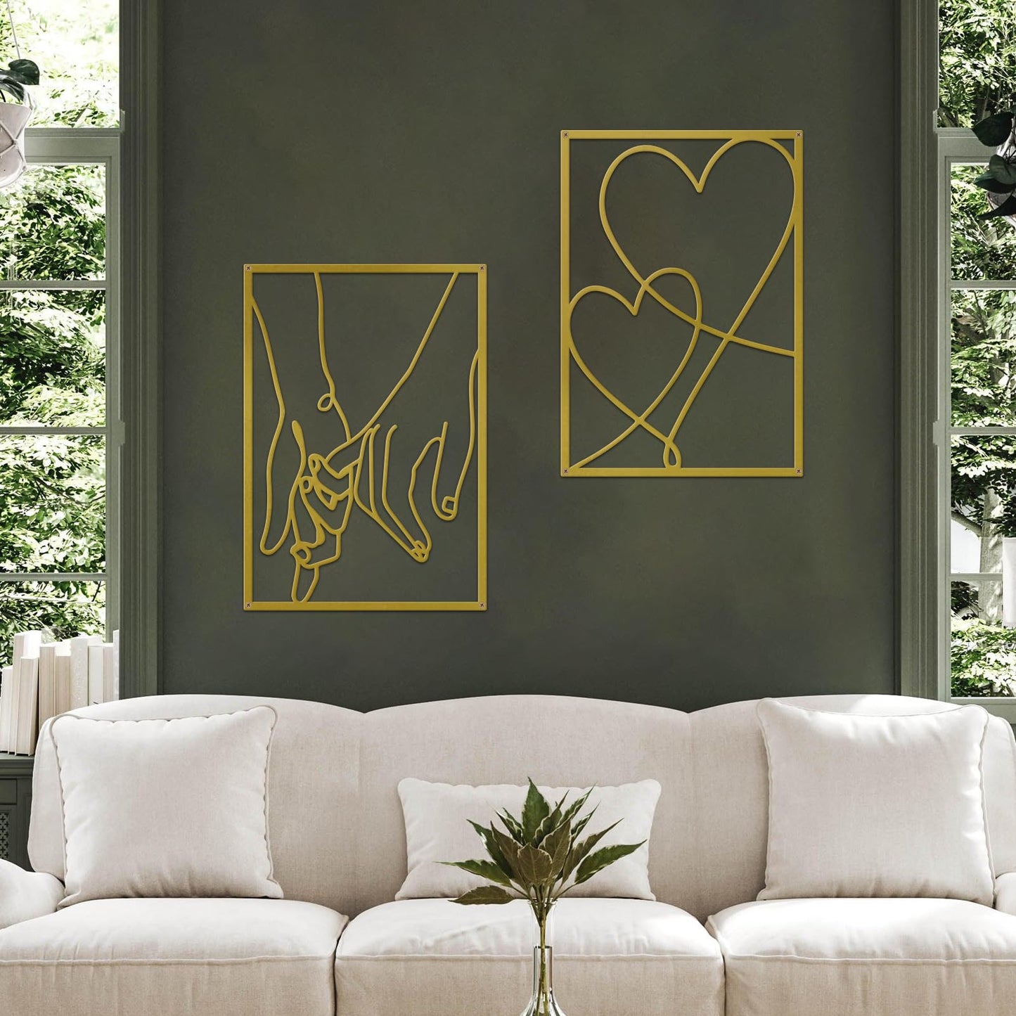 ESTART 3 Pieces Metal Minimalist Line Wall Art, Valentine's Day Lover Kiss Hand Metal Wall Decor, Aesthetic Modern Home Hanging Wall Art Decor for Bedroom Bathroom Living Room (Gold)
