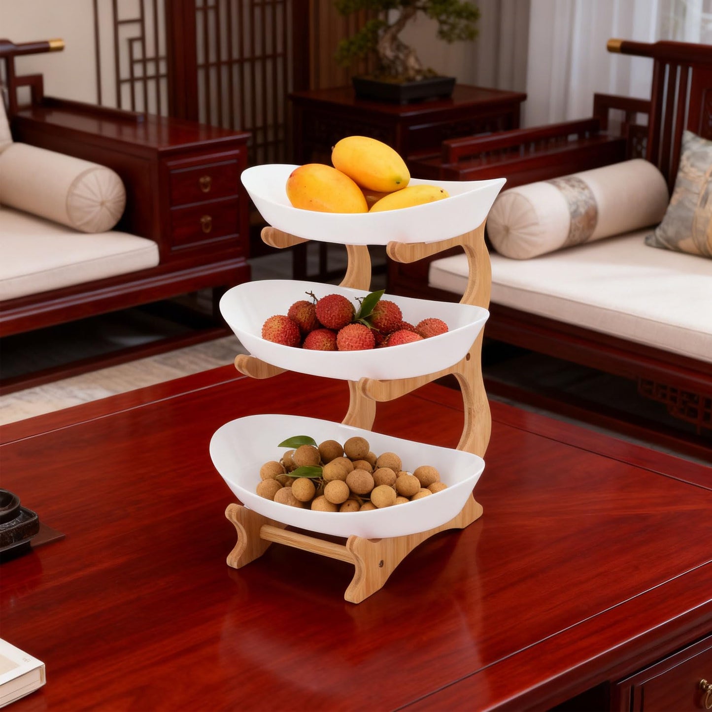 Aqur2020 Wooden Fruit Stand, 3 Tier Rustic Fruit Basket Holder with Large Capacity, Multi Layer Serving Tray, Sturdy Wood Base Snack Rack for Home Kitchen Party Table (White)