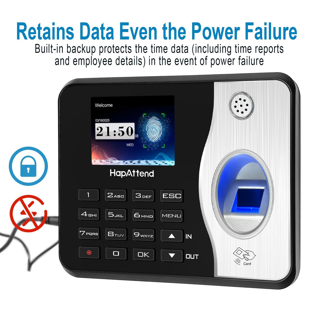 HapAttend Time Clocks for Employees Small Business Automatic Calculate Hours, 0 Monthly Fees Fingerprint Time Clock, H3 Standalone Biometric Clock in Machine for Employees with 5 RFID Cards (No WiFi)