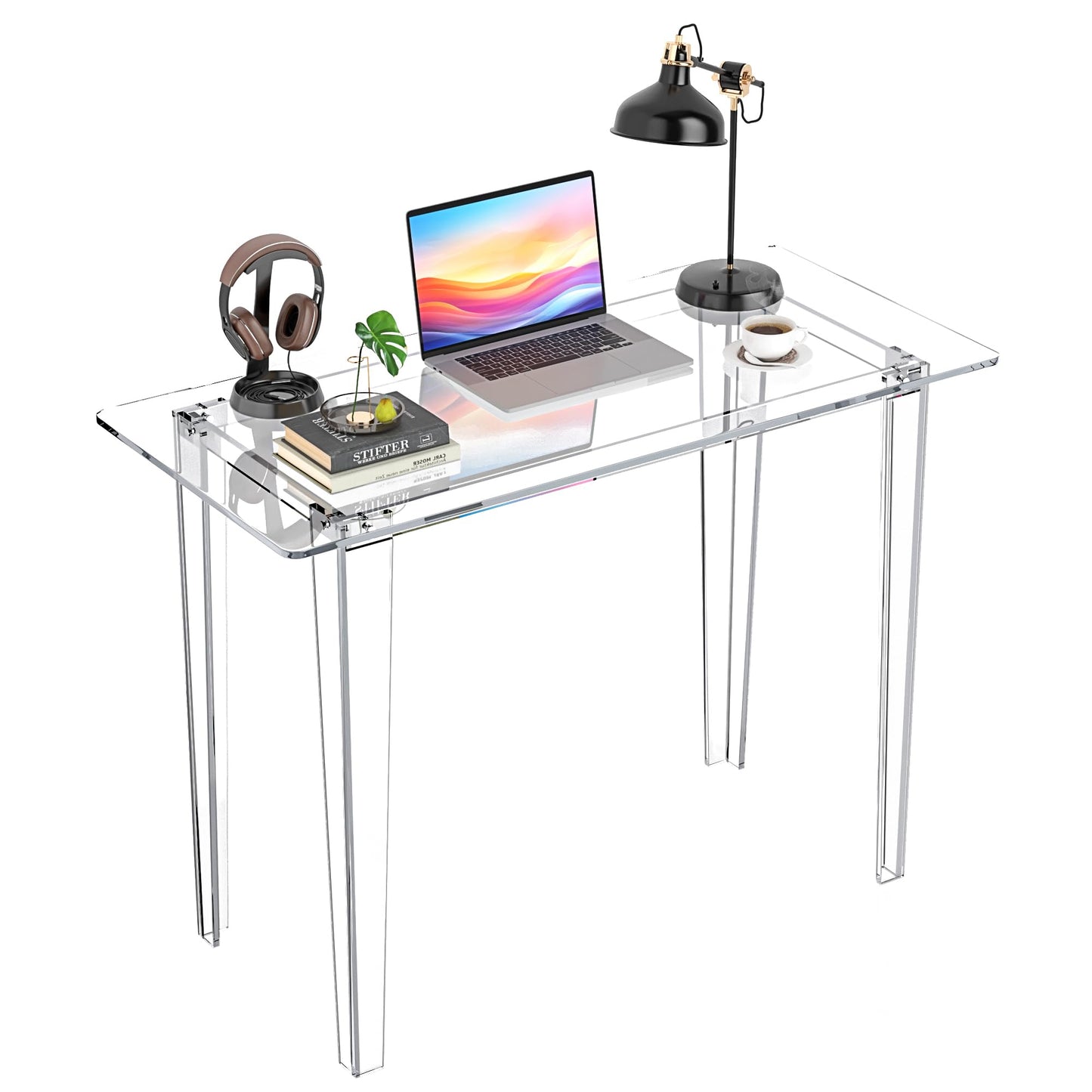 Acryve Acrylic Desk - Clear Acrylic Table, Modern Home Office Study Table, Extended Surface Multi-Purpose Console, Sturdy Lightweight Workstation for Small Spaces (Transparent-L)