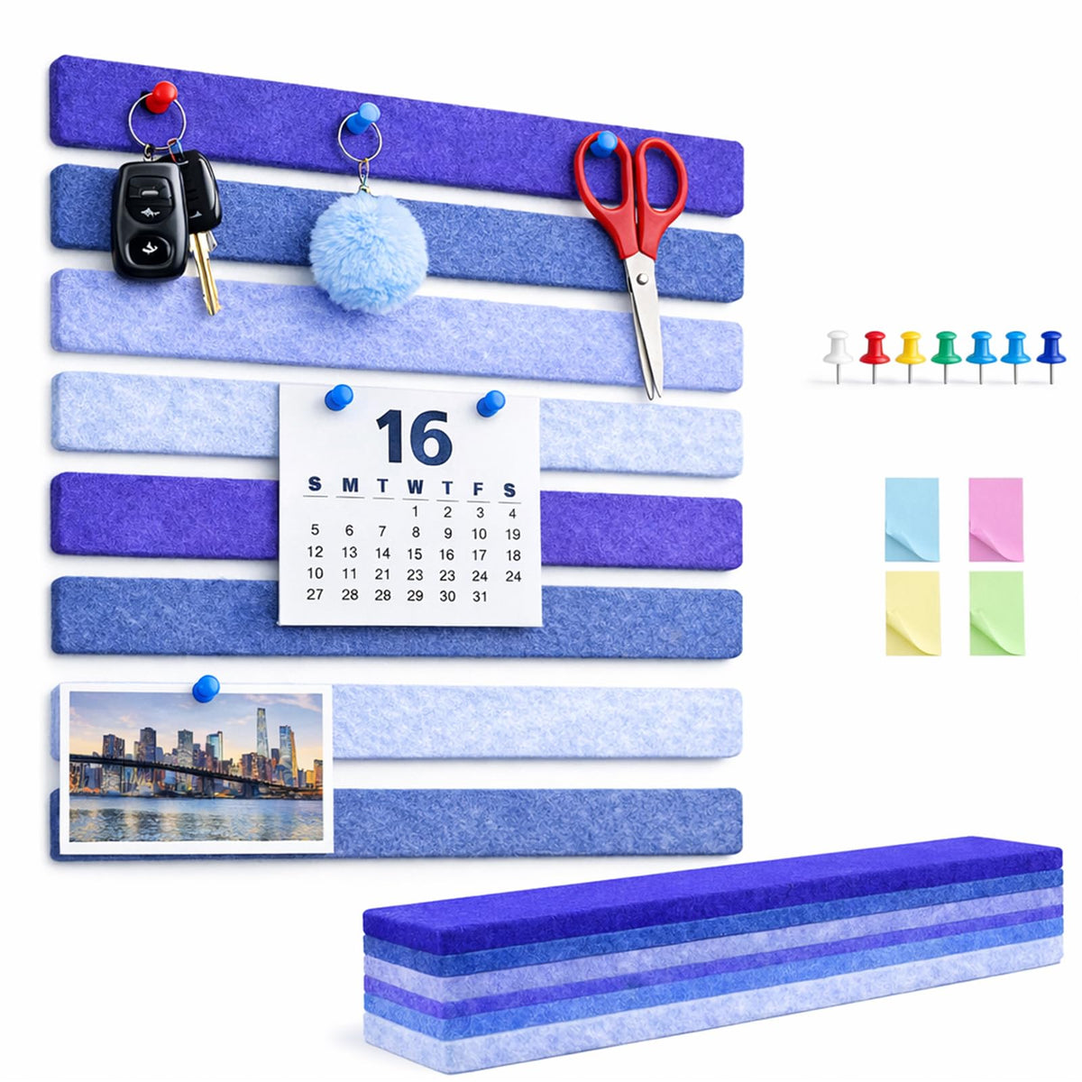 Felt Bulletin Board Strips for Wall 16 Pack 13"x2" - Felt Pinboard Strips with 70 Push Pins and 200 Sticky Notes, Adhesive Cork Board Alternative for Office, Dorm, Photos, Notes (Mix Blue)