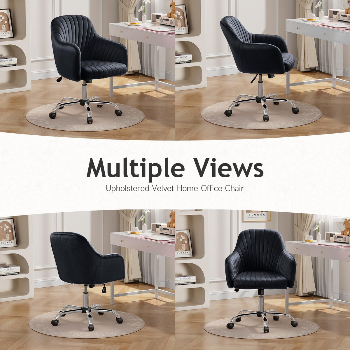 Warmiehomy Velvet Desk Chair for Home Office, Modern Adjustable Swivel Task Chair, Women Vanity Chairs with Arm Rest for Bedroom Dressing Room, Classic Black
