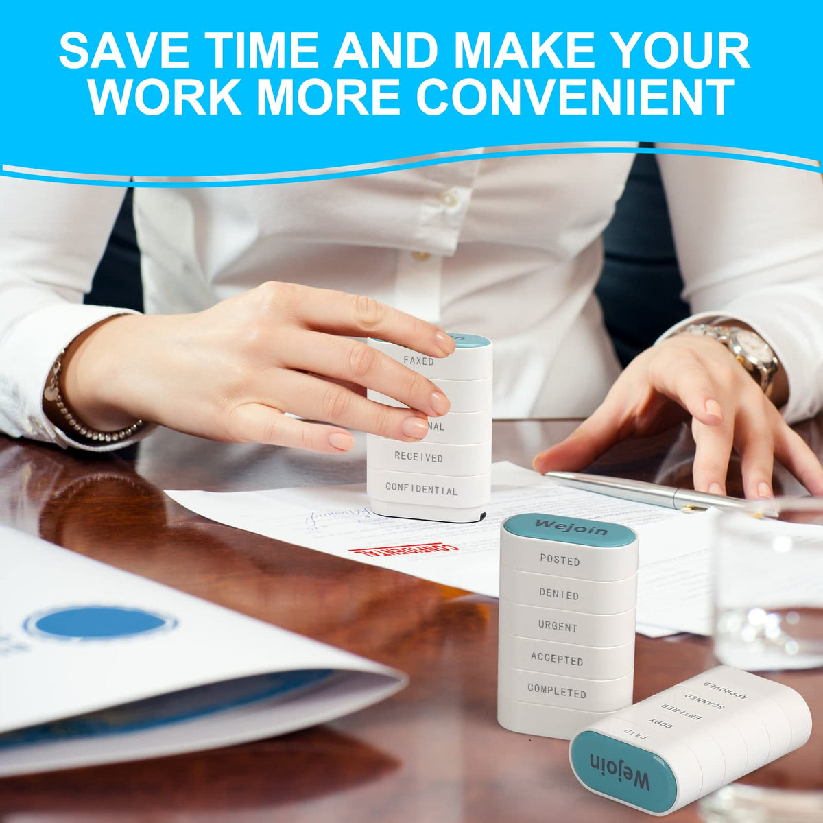WEJOIN Office Self-Inking Stamp Set for Business Accounting - Pre-Inked Rubber Stamps With 'Posted Denied Urgent Accepted Completed FAXED EMAILED Original Received Confidential'