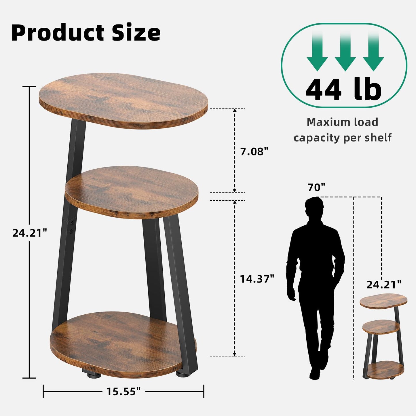 Kalrin Side Table, Small End Table with Metal Frame, 3-Tier Bedside Tables, Round Side Tables for Living Room Bedroom Couch Bathroom, Oval, Vintage Brown