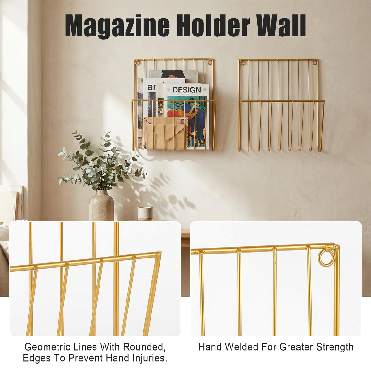 Pipigaty 2-Pack Wall Magazine Holder File Organizer Mental , Wall Mounted Magazine Rack for Space-Saving, Walls Magazine Holder for Mail, Bathroom & Home Office Organizer, Office Living Room(Gold)