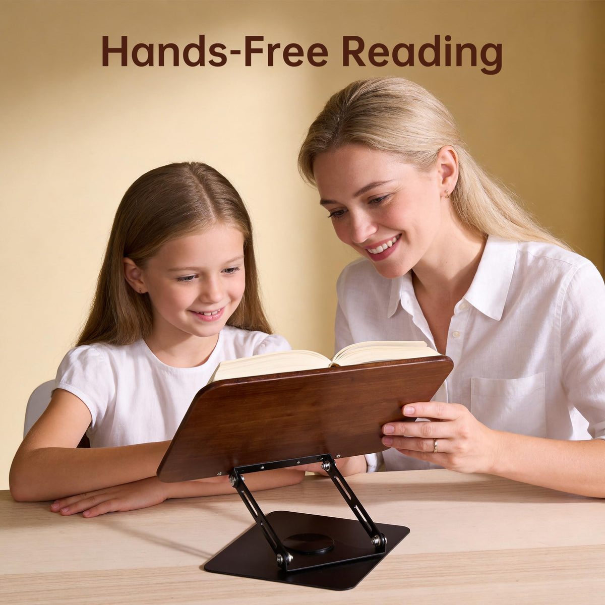2-in-1 Floor & Desktop Book Stand, Dual-Use Height Adjustable 19"-62.2", Reading Stand Holder with 360° Rotating Base & Page Clips for Music Sheet, Laptop, Podium, Cookbook, Projector, 100% Solid Wood