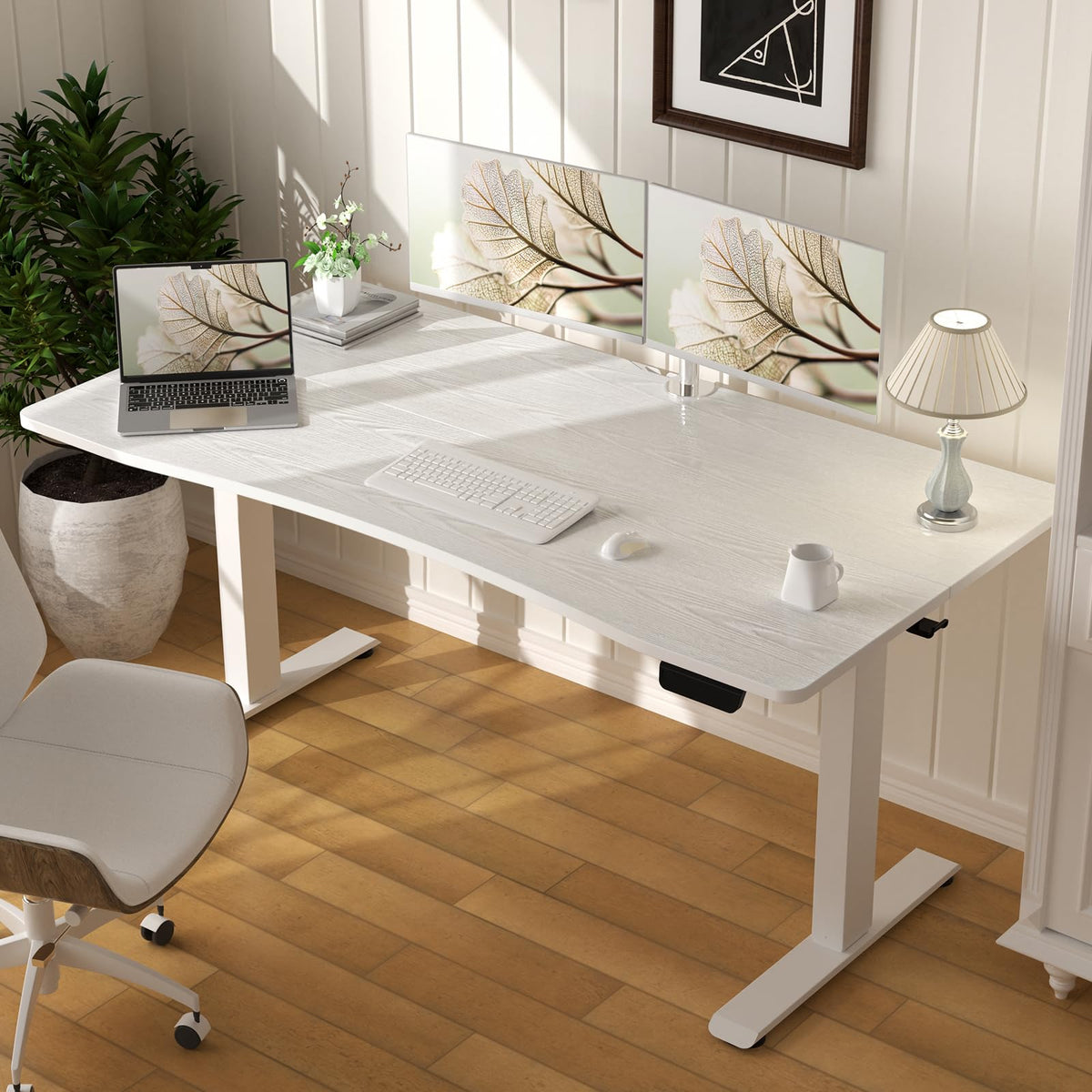 Veken 55 x 28 Inch Electric Standing Desk with Adjustable Height, Sit to Stand Computer Table for Study, Work or Gaming, Home Office Desk White