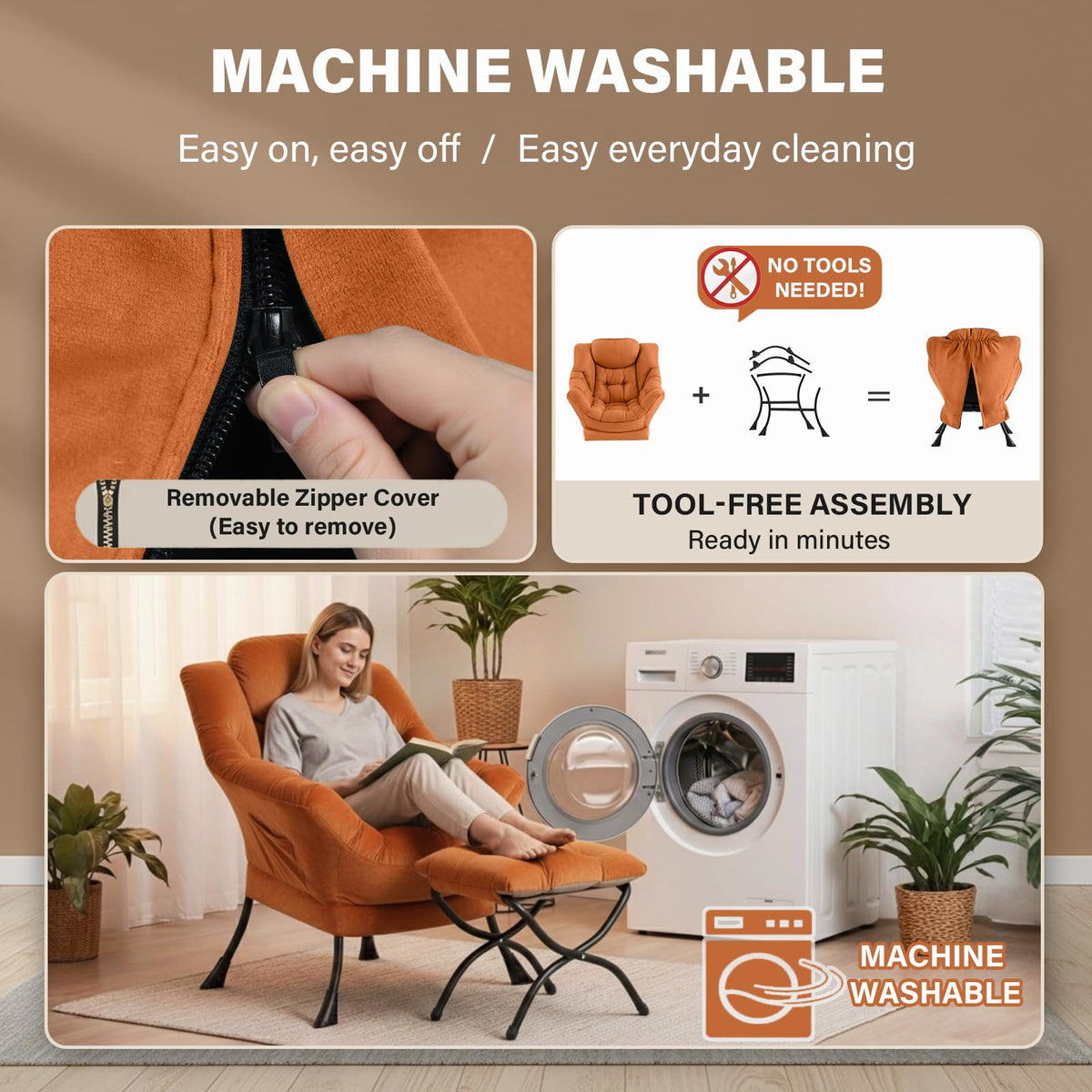 Givjoy Lazy Chair and Ottoman, Large Accent Orange Velvet Chair with Side Pocket, Modern Leisure Upholstered Reading Armchair with Footrest for Office, Bedroom, Living Room, Dorm Rooms, Balcony