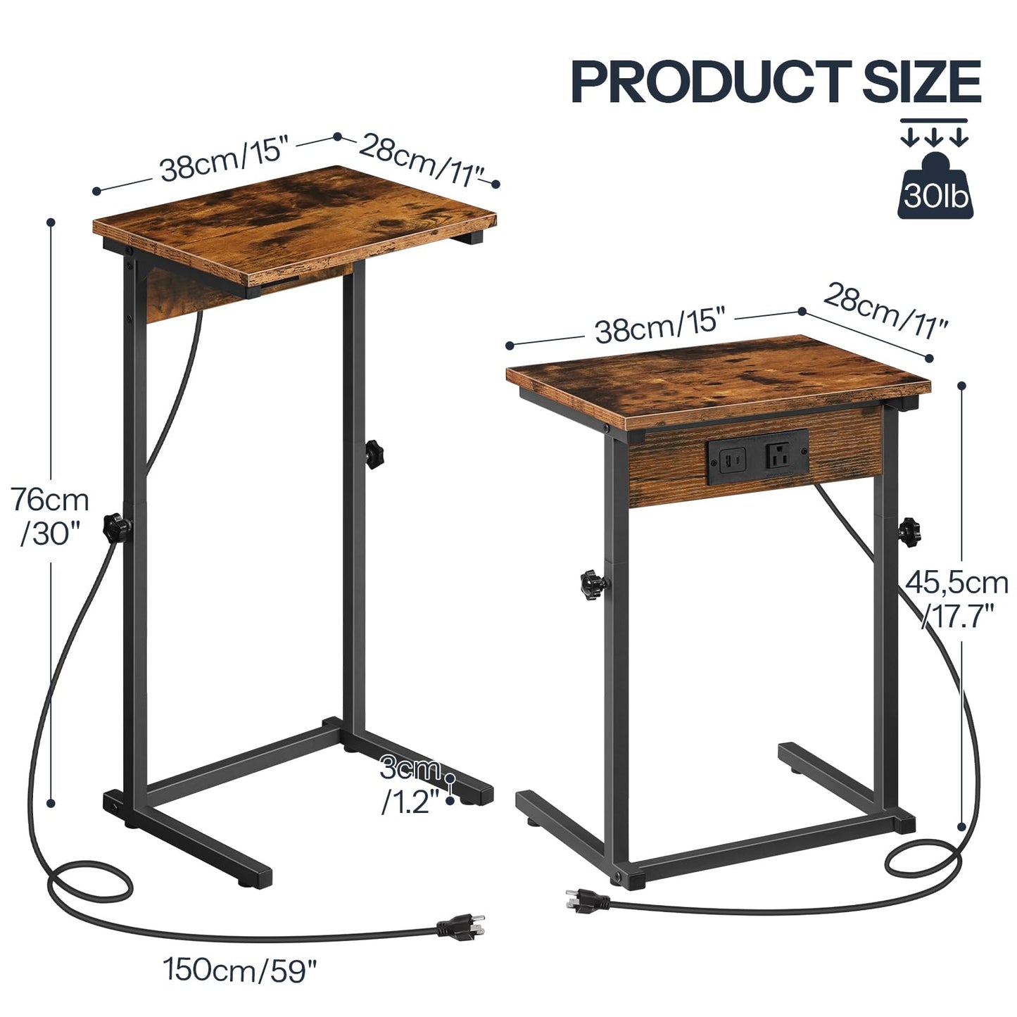 HOOBRO C-Shaped End Table with Charging Station, Adjustable Height Sofa Tray Side Table, Slide Under Couch Arm Table, Small C Side Table for Small Space in Living Room, Bedroom, Rustic Brown BF71USF01