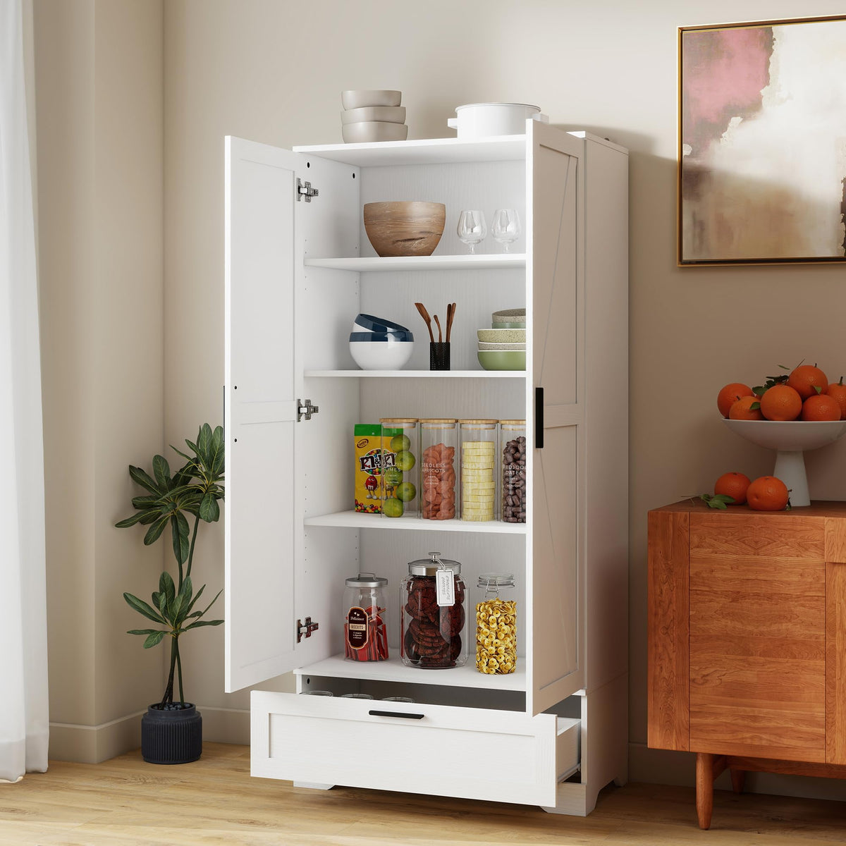 Kitchen Pantry Cabinet, Collection Food Free Standing Tall Wooden Storage Cabinet with Adjustable Shelves & 1 Large Drawer, Versatile Storage for Kitchen Dining Room, Utility Rooms (White)