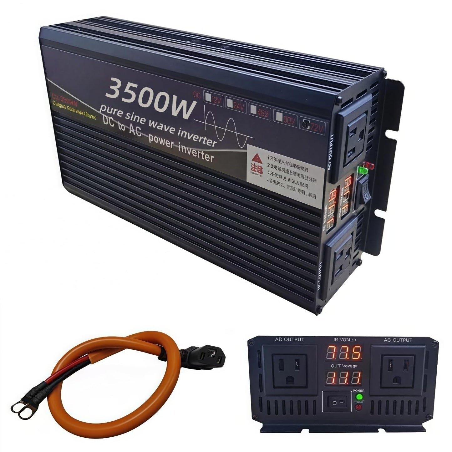 3500W Power Inverter 72V DC to 110V AC Converter with LED Display Dual AC Outlets Dual Fans Radiating for RV, Camp, Boat and Home Emergency Portable Pure Sine Wave Inverter (LED Screen, 3500W 72V)