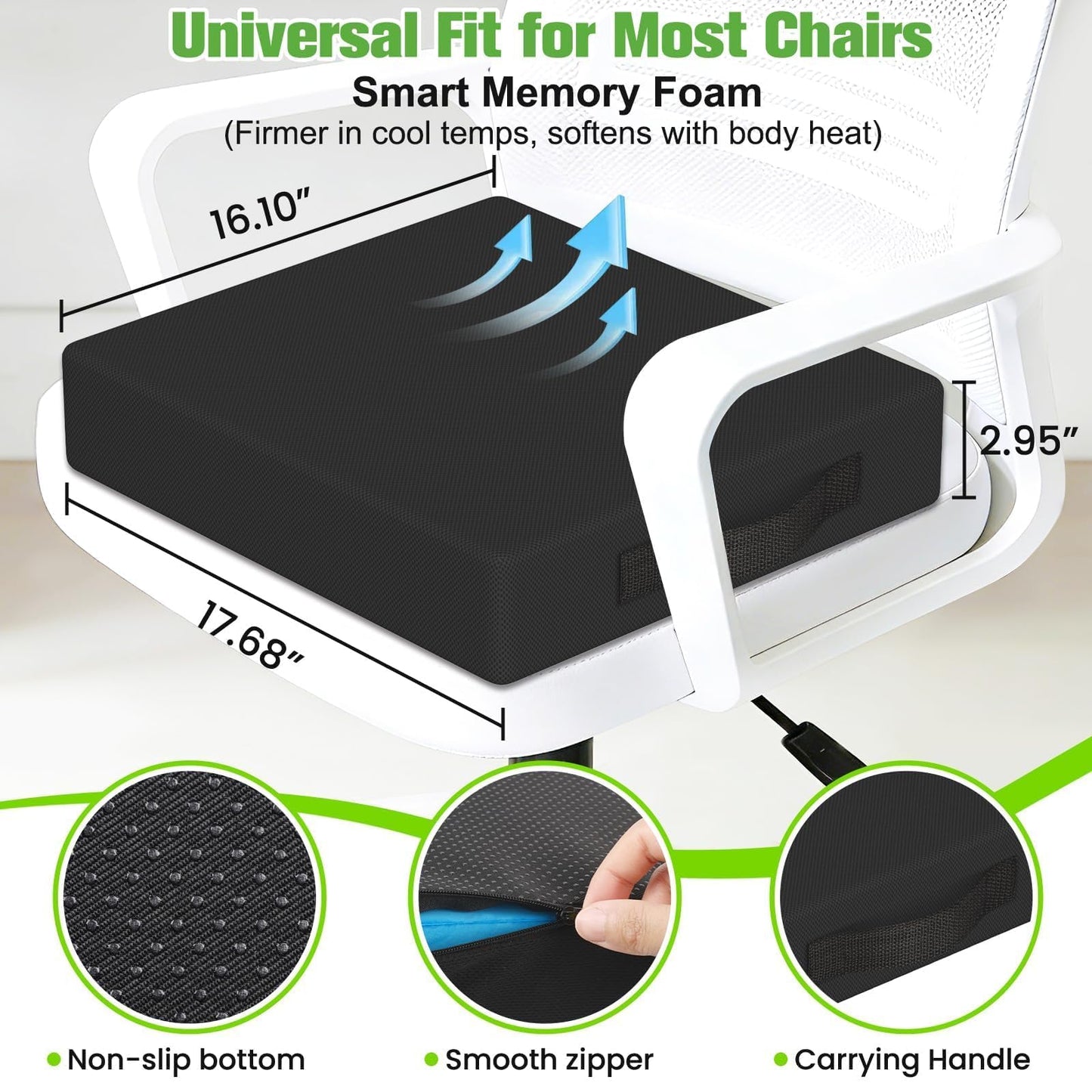 TranquilZone Seat Cushion for Office Chairs, Memory Foam Chair Cushion with Patterned Core for Even Support, Back, Tailbone & Sciatica Relief, Chair Pillow with Carry Handle for Car, Wheelchair(Black)