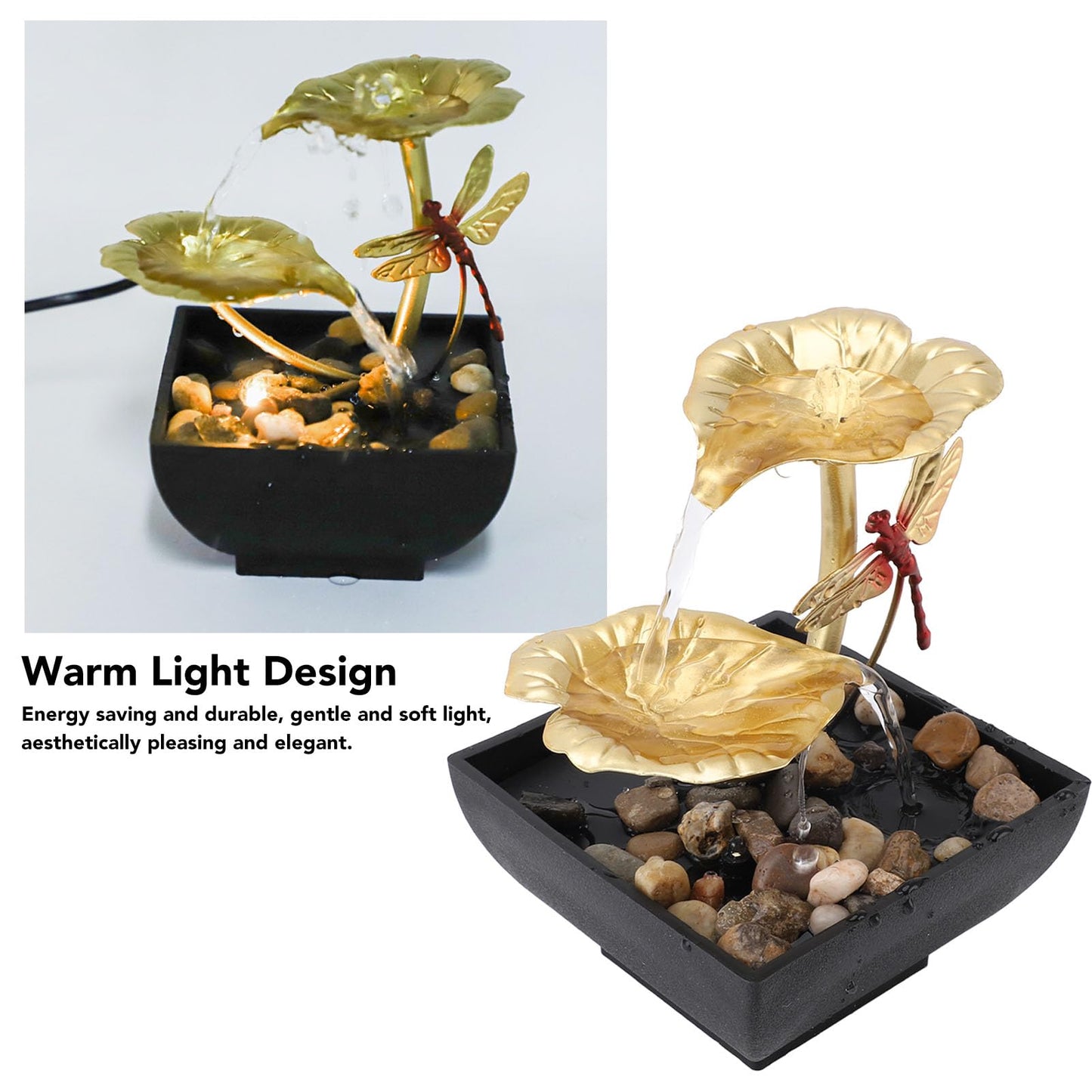 Lotus Leaf Dragonfly Fountain Water Decor, USB Tabletop Water Decor, Iron Circulating Water Feature Crafts Ornaments for Living Room Office