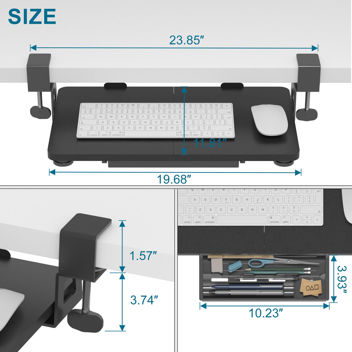 ETHU Keyboard Tray Under Desk, 19.7" X 11.81" Small Size Keyboard Drawer with C Clamp-on Mount Easy to Install, Computer Keyboard Stand Slide Pull Out, Ergonomic Keyboard Tray for Home & Office, Black