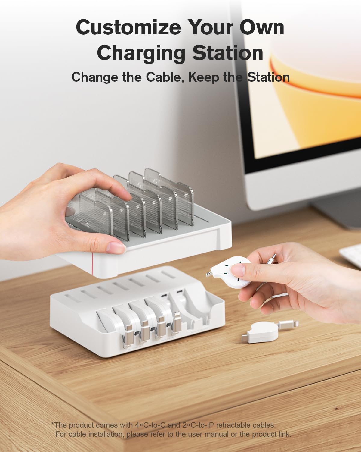 SooPii HomeHub H1 Charging Station for multiple devices,Upgraded 6-Port Desktop Fast Charger with 6 Retractable Cables（4*C+2*iP）,60W PD charger station for iPhone/Tablet,Tangle-Free Charging Organizer