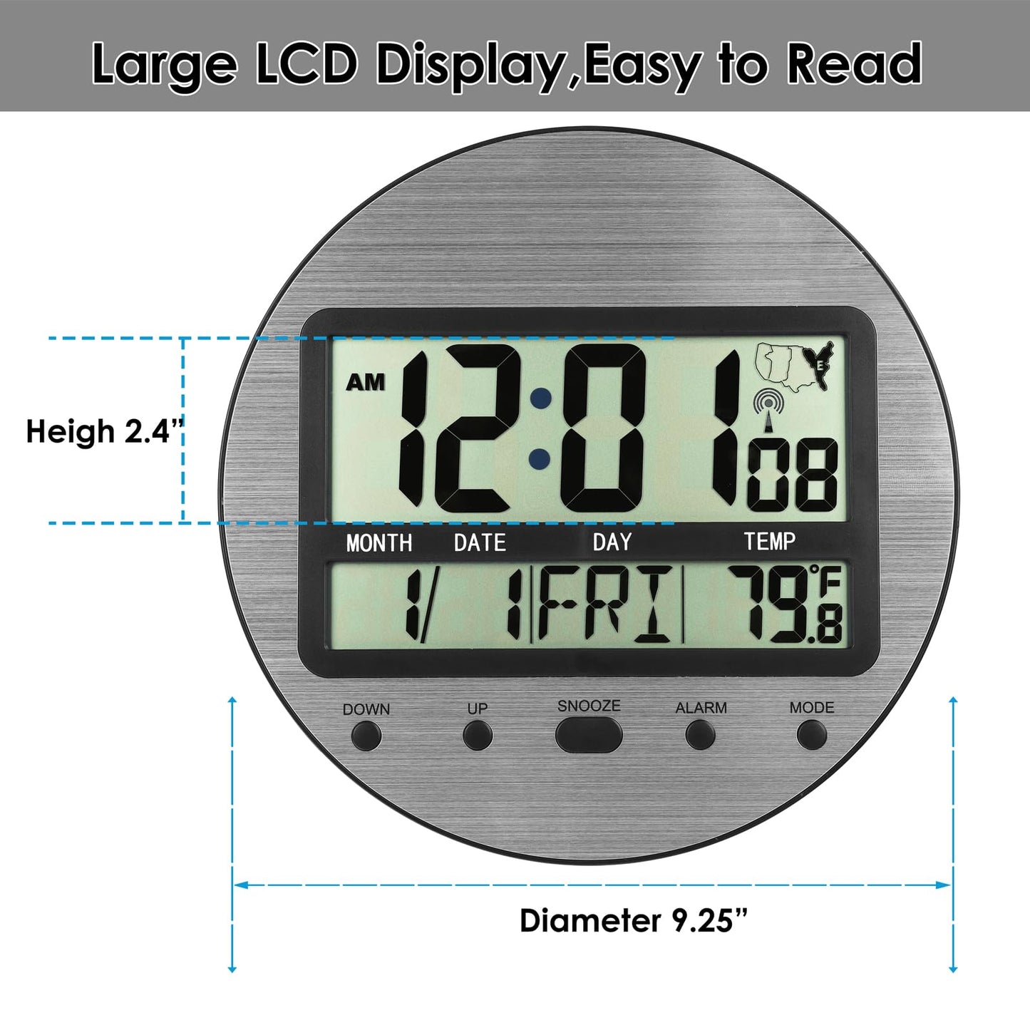 Atomic Digital Wall Clock Battery Operated, Self-Setting, Large Display with Temperature, Date, Day of The Week, Seconds, Round Wall Mount Digital Clock - 4 Time Zones, DST, Aluminum Metal Dial