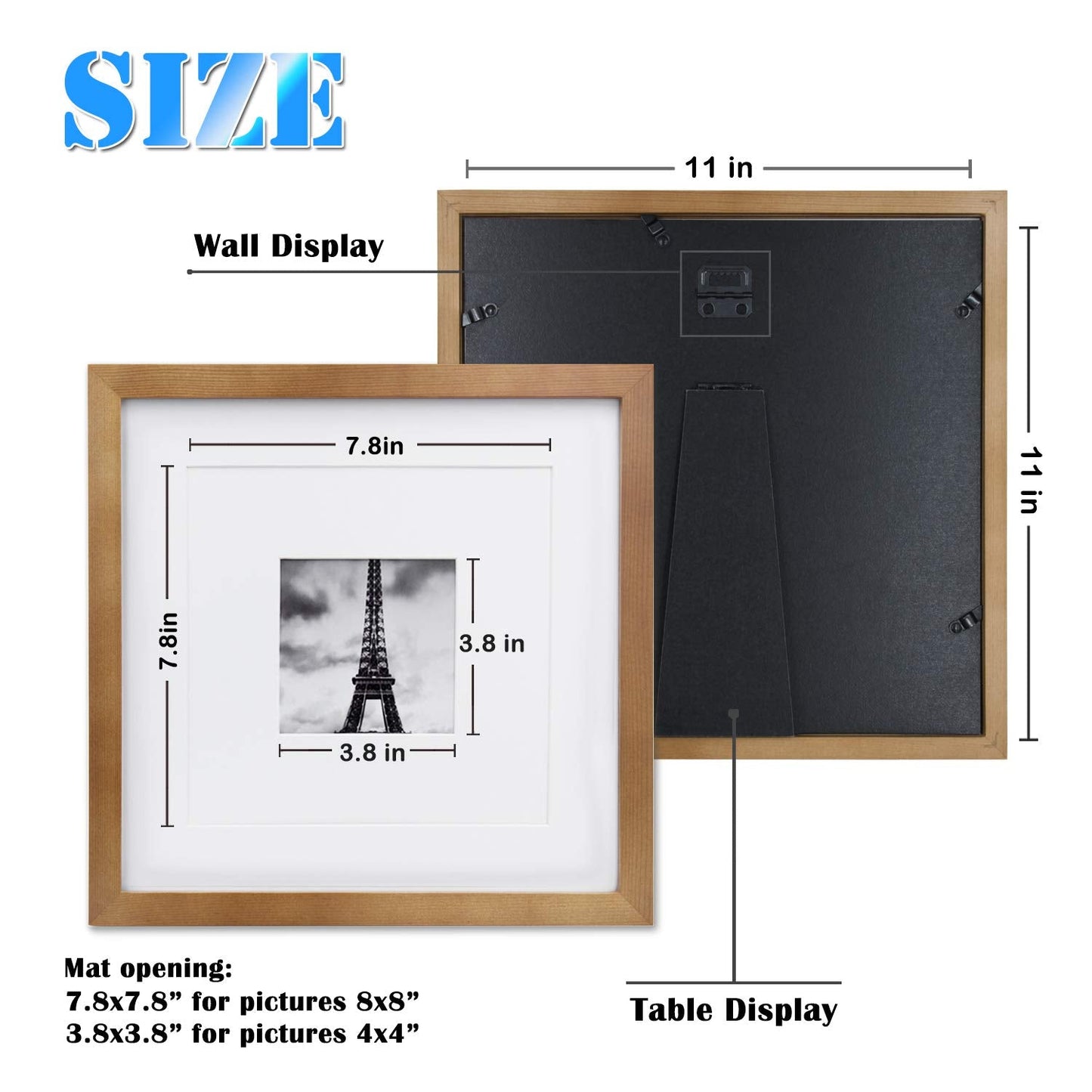 Egofine 11x11 Picture Frames 4 Pack Covered by Plexiglass, Display Pictures 8x8 with Mat or 11x11 Without Mat Made of Solid Wood for Table Top Display and Wall Mounting Photo Frame, Light Brown
