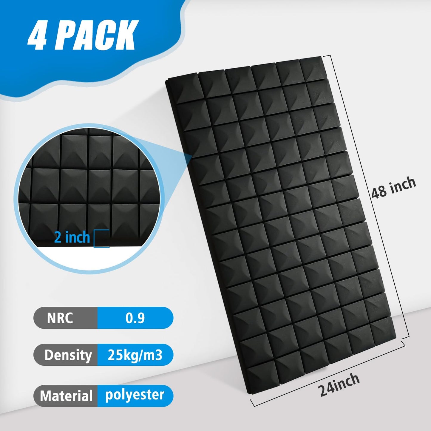 HWLIYUTAI Acoustic Foam Panels 4 Pack 48"x24"x2" - High Density Soundproof Foam Wall Panels for Noise Reduction, Studio Walls, Home Theater & Office (Black 4 Pack, 48" x 24" x 2")