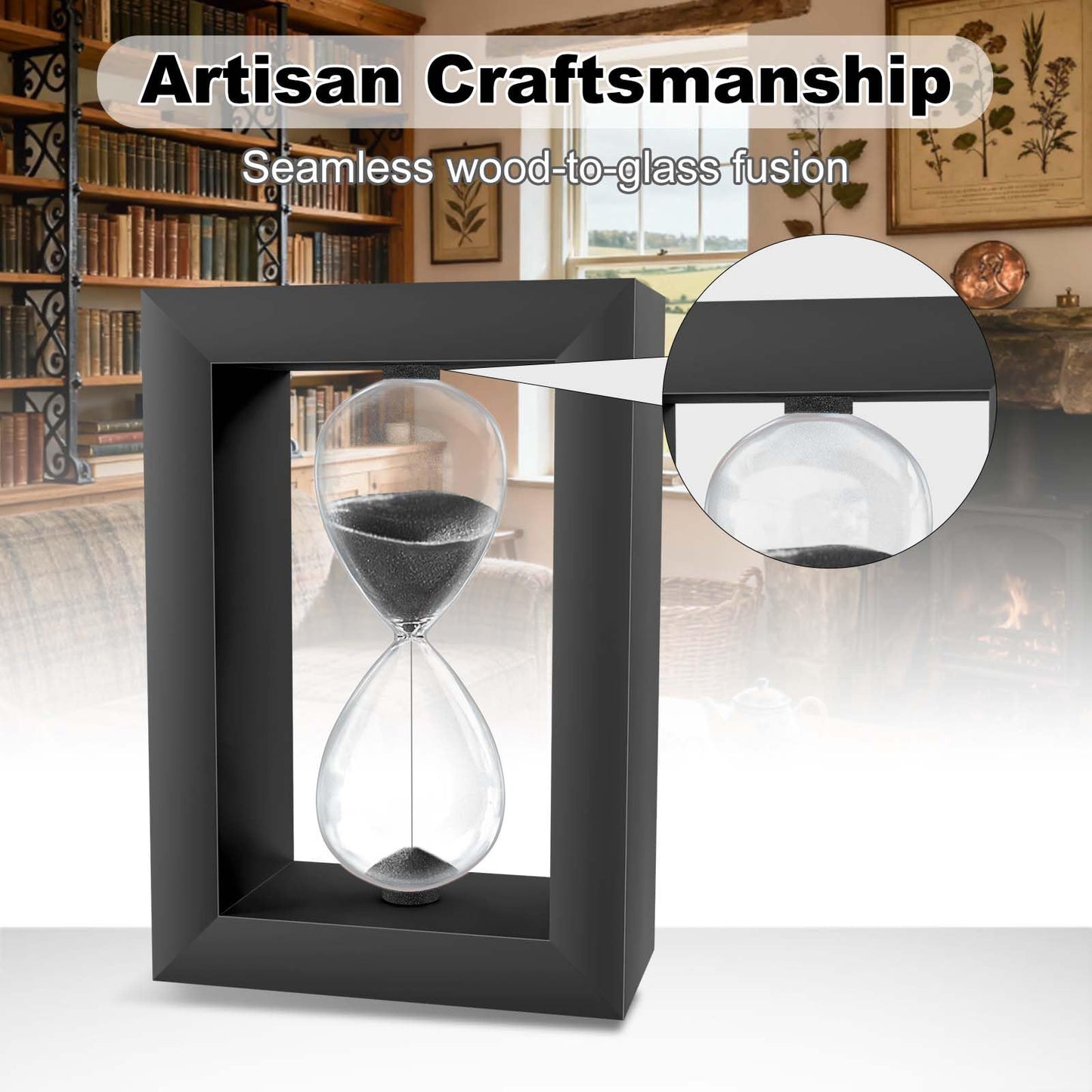 Hourglass Sand Timer, Modern Square Black Wood Sand Clock, Decorative Desktop Hour Glass Sandglass,Reloj De Arena for Office, Home Decor, Kitchen (Black, 10 Minute)