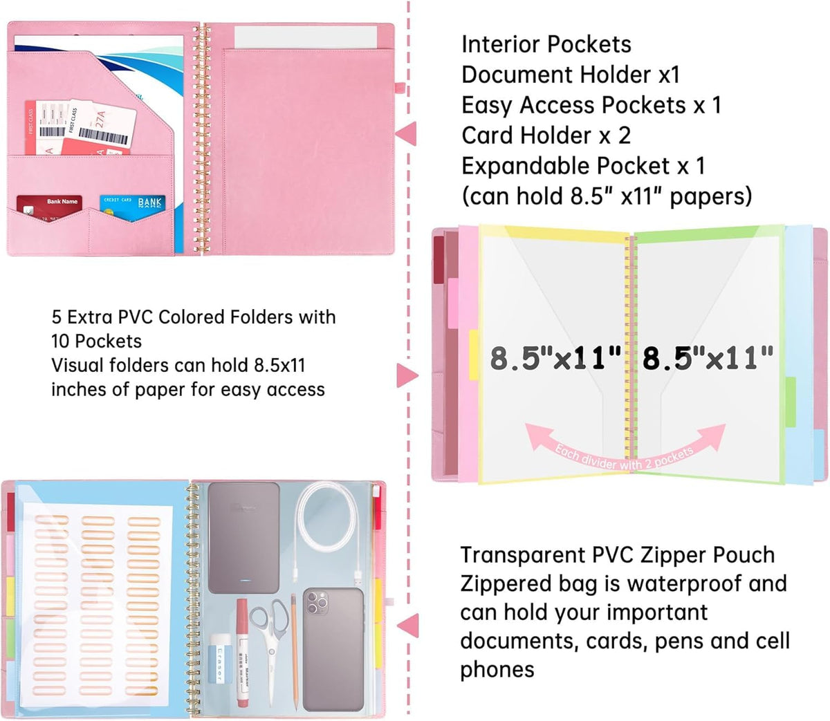 HAUTOCO Spiral Leather Clipboard Folio with Notepad (8.5 x 11''), 5 Folders with 10 Pockets, Storage Zipper Pouch, Pen Loop, 39 Stickers, Padfolio Organizer for Work School, Pink