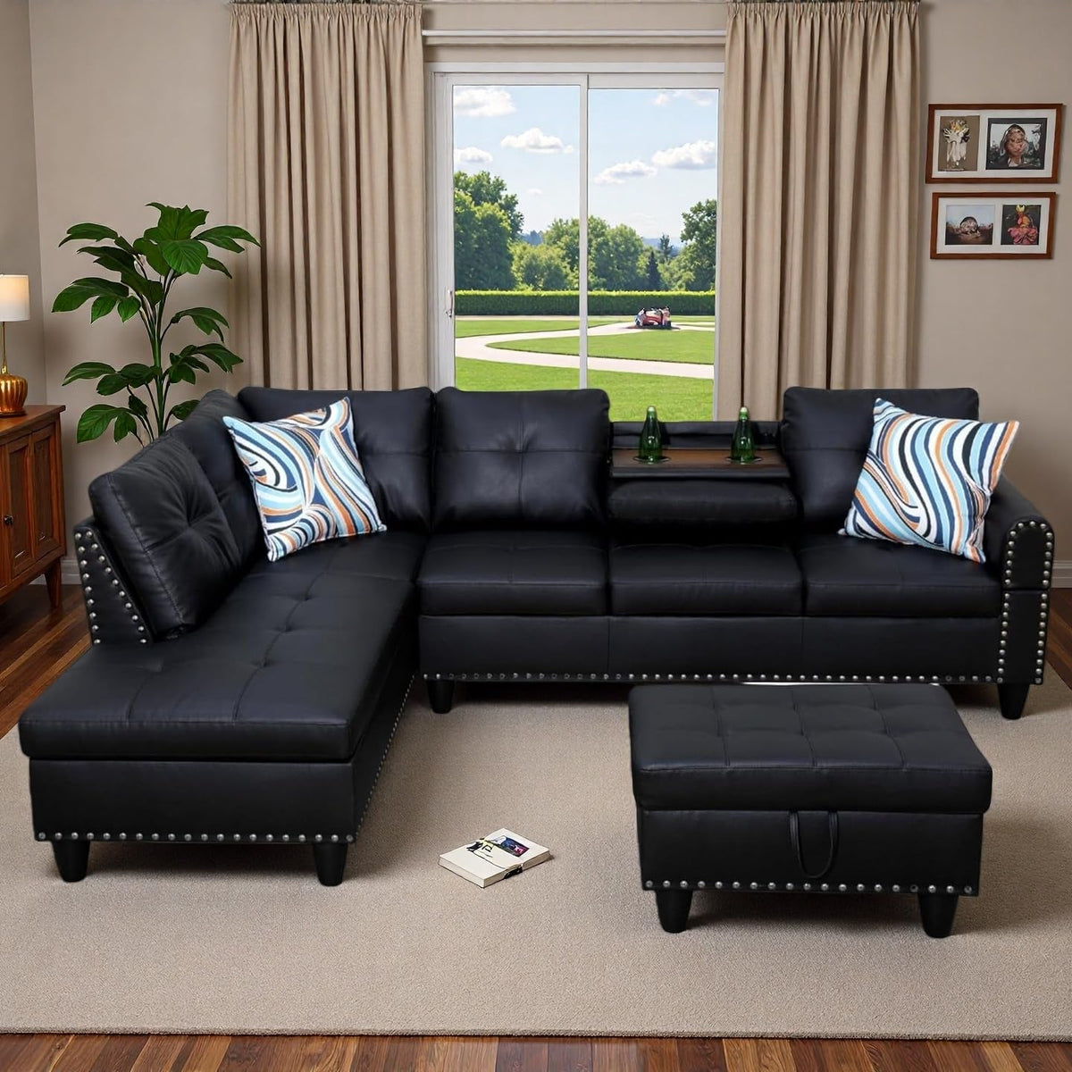 Topcomfy 97.5" L Shaped Couch Set, Modular Sectional Couches for Living Room with Storage Ottoman, 4 Seat Home Sofa Living Room Furniture Sets with Chaise for Apartment Office (Leather, Black)