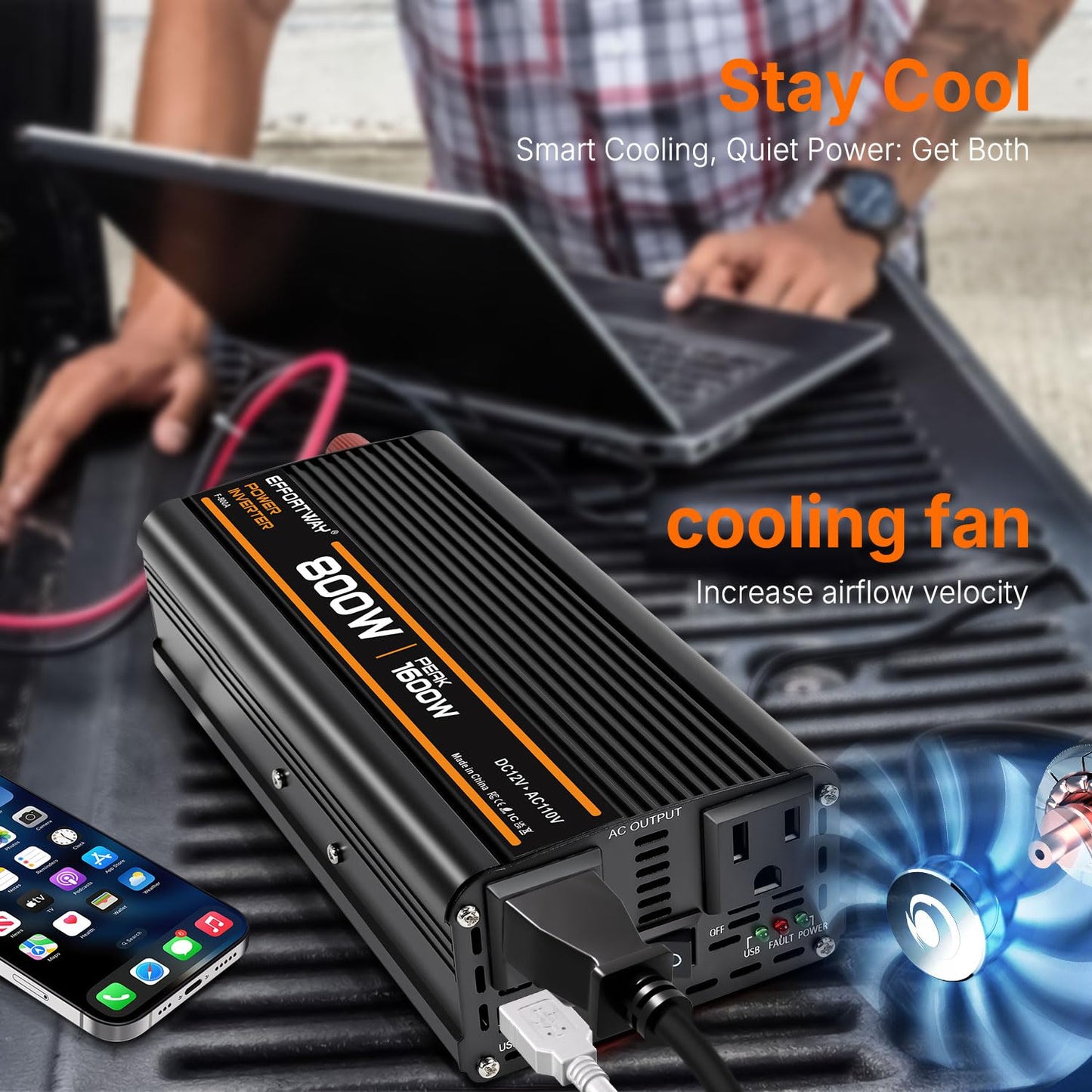 EFFORTWAY 800W Power Inverter, Inverter 12V to 110V with 2 AC Outlets, 2.1A USB Port, Car Power Inverter with Alligator Battery Clamp for Phone, Laptop on Camping, Road Trip