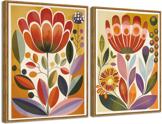 Framed 2pcs Scandinavian Folk Wall Art Nodic Flower Orange Canvas Boho Wall Decor Swedish Antique Vintage Floral Prints Modern Norwegian Posters Pictures for Living Room Bedroom Home Decor 16"x12"x2