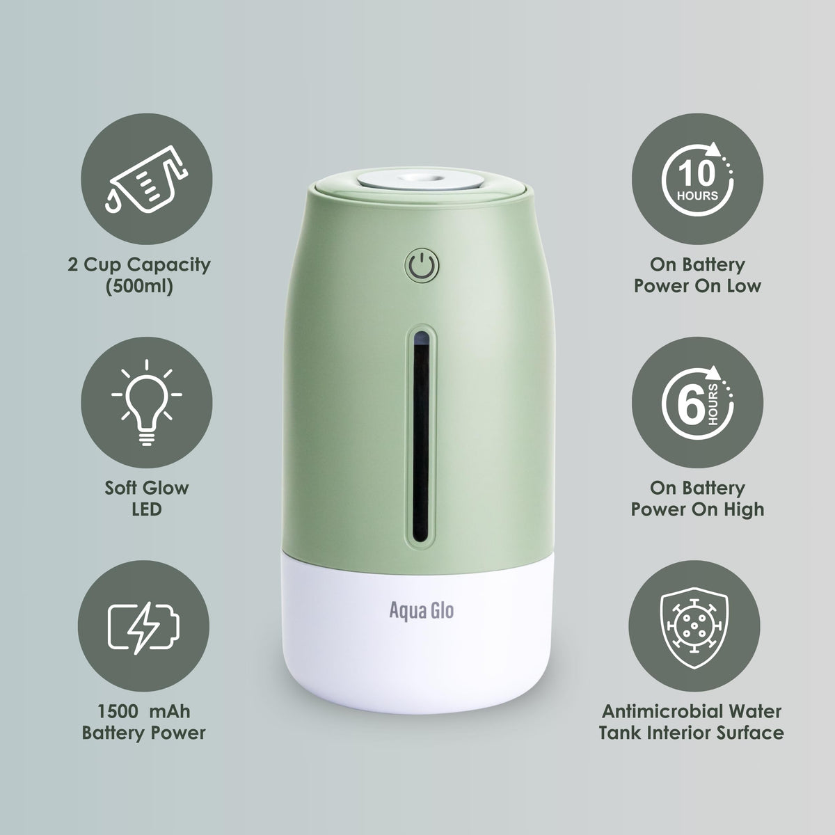 Airvana Aqua Glo Personal, Portable Humidifiers for Bedroom – Ultrasonic Cool Mist Humidifier with Built In Rechargeable Battery. Air Humidifier for Baby, Plants, Home, Office, Travel. Mint Green