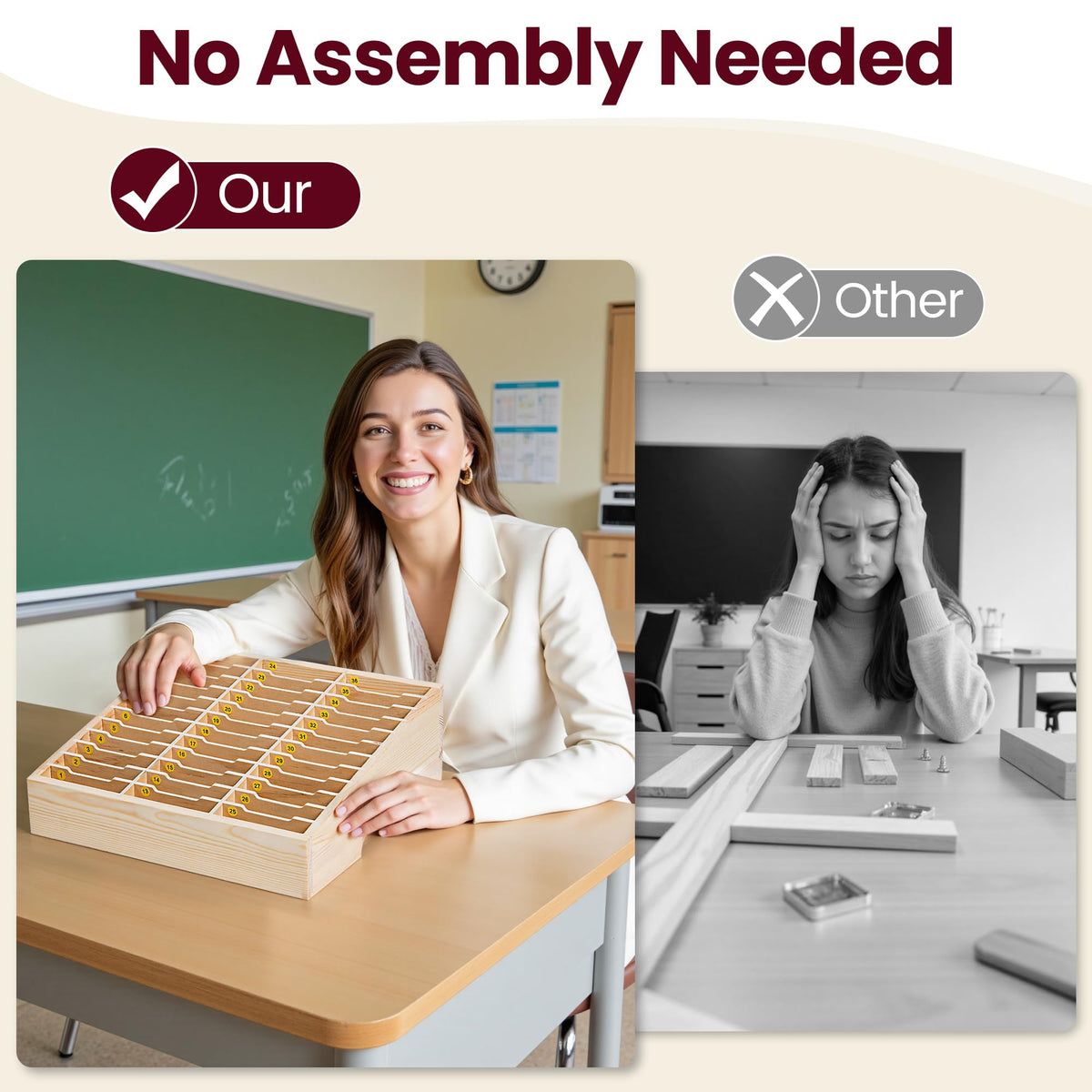 Classroom Cell Phone Holder, Fully Assembled 36 Grid Cellphone Storage Box for Student Management, Wooden Calculator Organizer Caddy for School Office