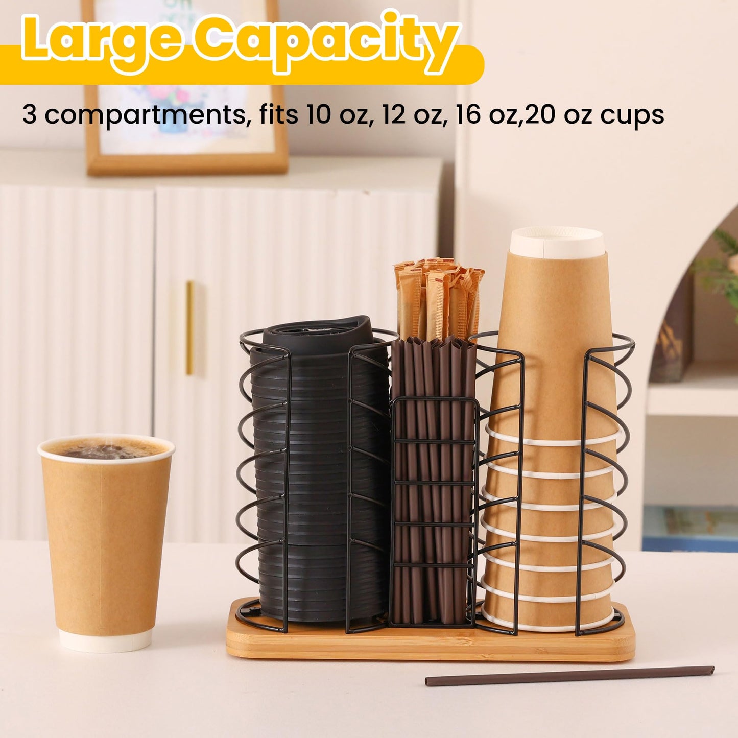 Mozabol Coffee Station Organizer for Countertop, Cup and Lid Organizer with Straw Holder, 3 Section Disposable Cup Dispenser Rack with Acacia Wood Base for Office, Cafe, Kitchen, Break Room