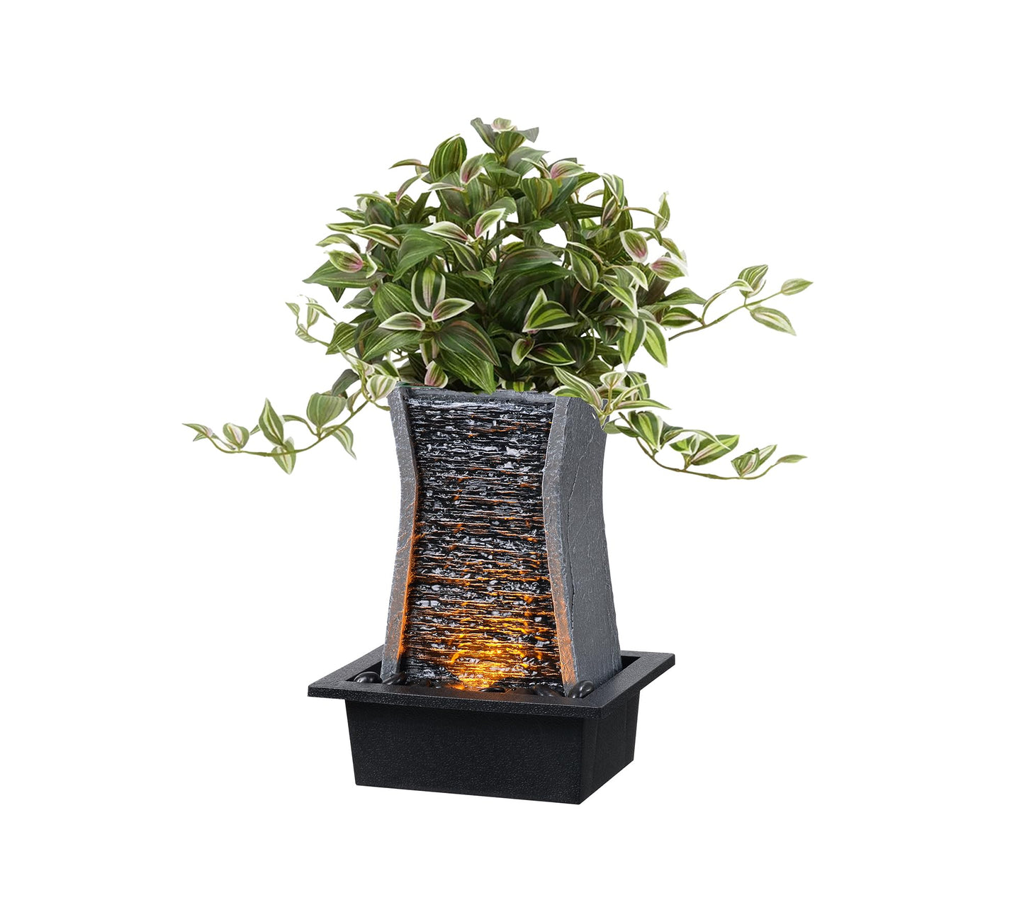 GOSSI Tabletop Water Fountain with LED Lights, Indoor Waterfall Fountain for Home Office Bedroom Decor, Includes Plastic Pots for Plant Growing, Relaxation Desk Accessory (24285)