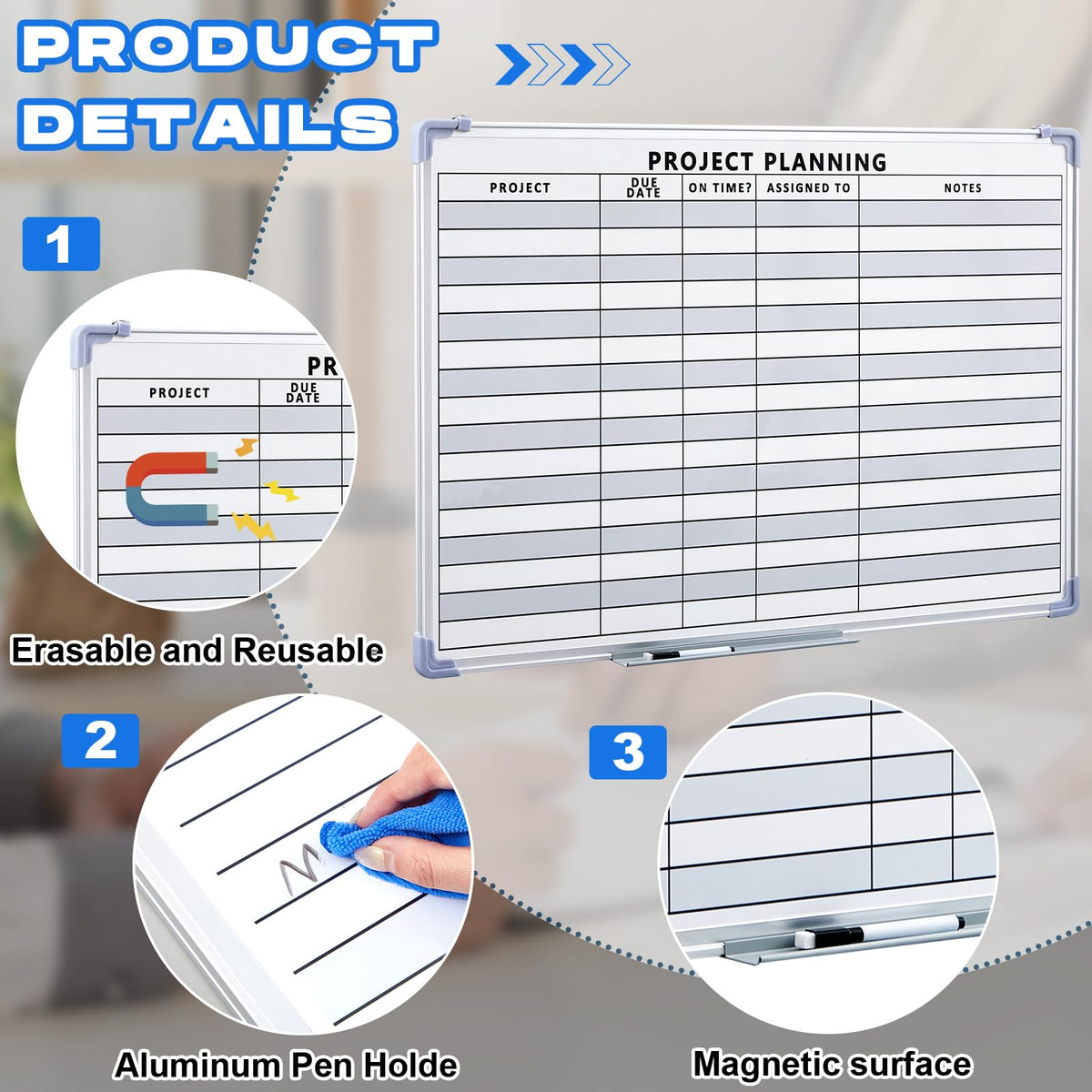 Lincia Project Planning Dry Erase Whiteboard Magnetic Dry Erase Board with Lines Sliding Marker Tray Aluminum Frame White Board Planner for Wall Scheduling(36"x24",Project Planning Horizontal)