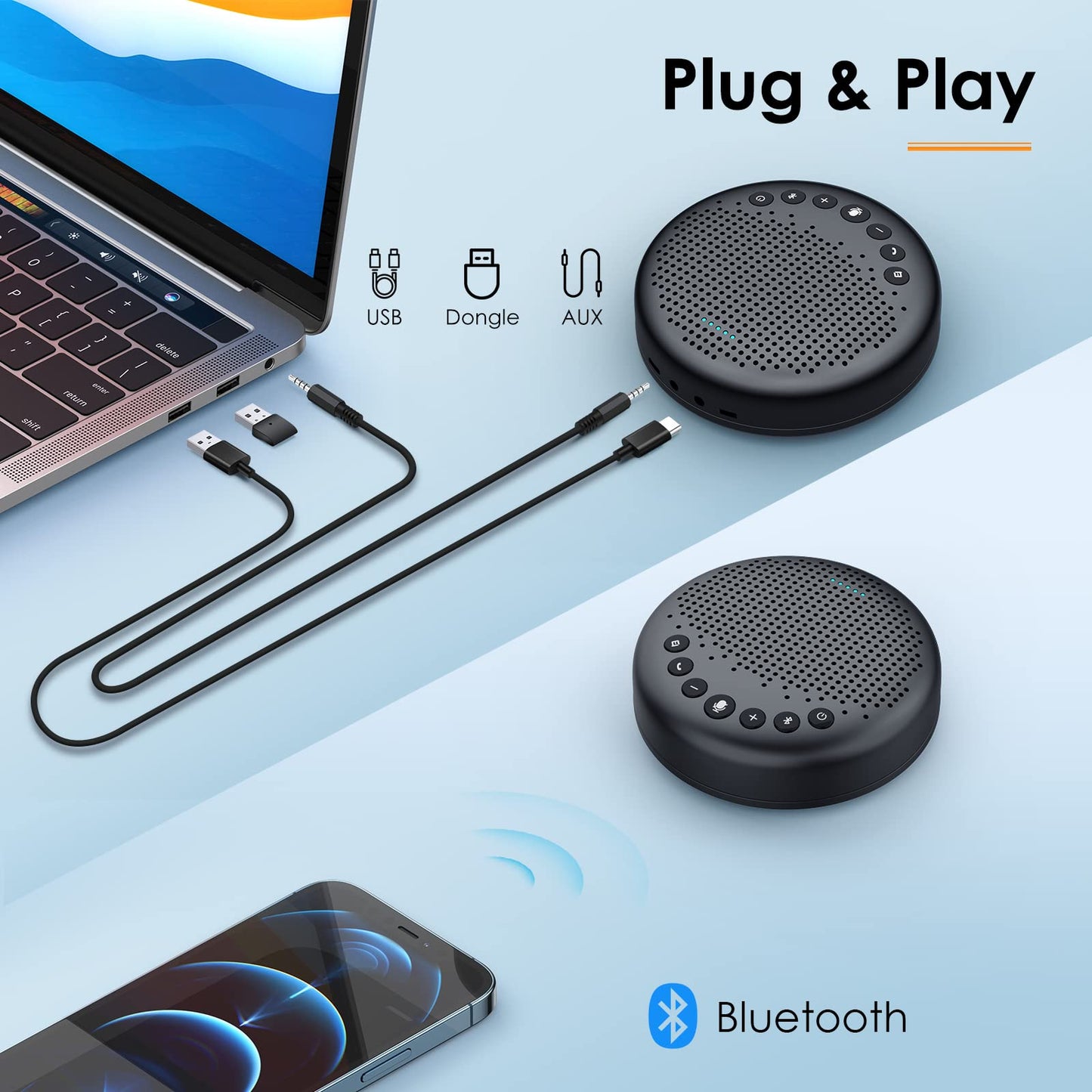 EMEET Conference Speaker and Microphone Luna 360° Voice Pickup w/Noise Reduction/Mute/Indicator USB Bluetooth Speakerphone w/Dongle for 8 People Daisy Chain for 16 Compatible with Leading Software