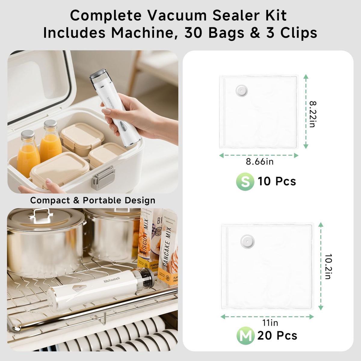 Mehomeli Compact Vacuum Sealer for Food (Vacuum Sealer Machine + 30 Reusable Vacuum Bags), Powerful Handheld Vacuum Sealer Machine, Seal Food 6X Fresh Longer, Portable & Wireless, Easy-Clean