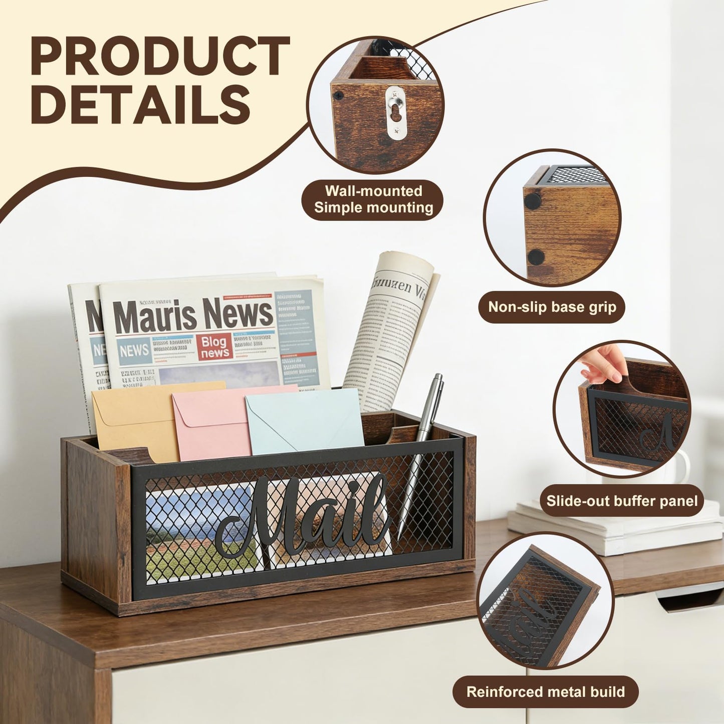 Mail Organizer Countertop, Rustic Farmhouse 2-Slot Wood & Iron Mail Holder, Retro Wall Mounted or Desk Entryway Letter Bill Envelope Sorter, No Assembly