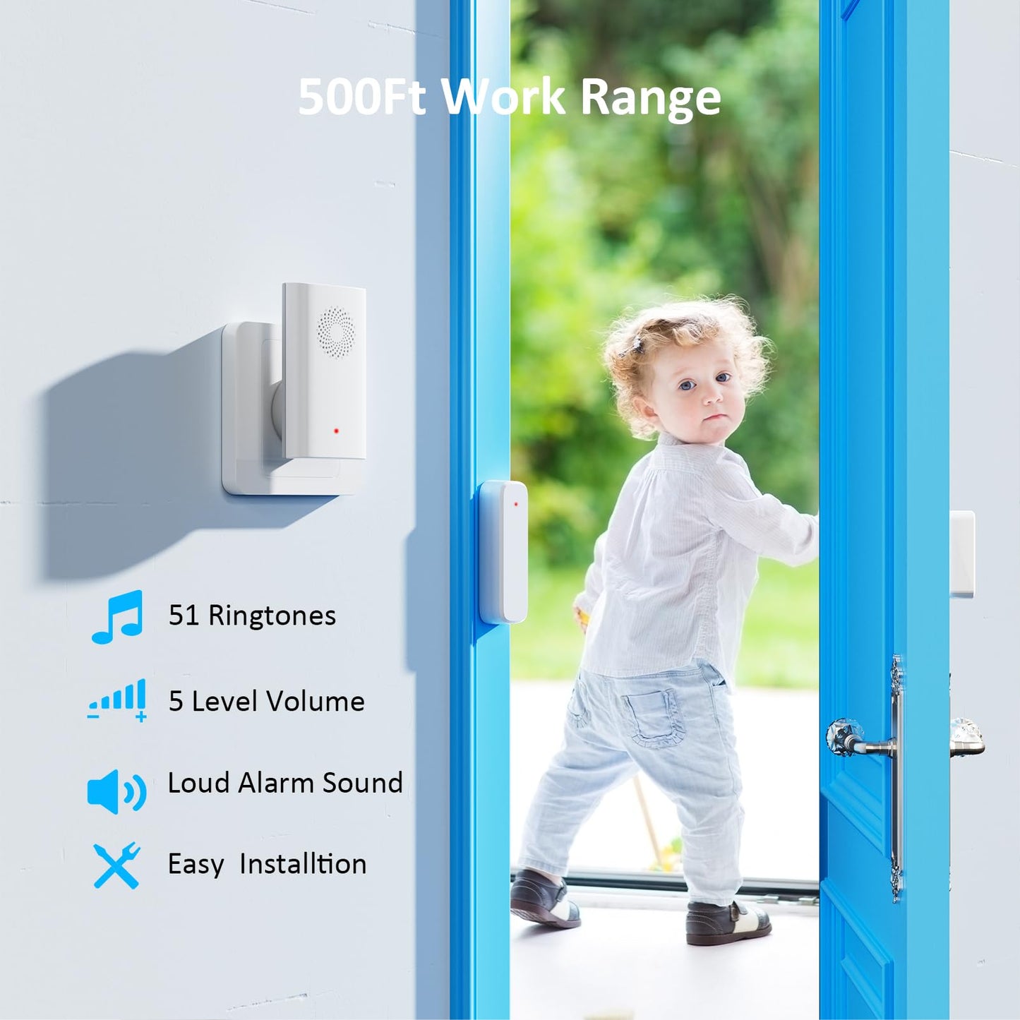 Wireless Door Chime, Door Open Sensor Alarm When Entry Business/Office/Store (500ft Range 51 Ringer Adjustable Volume) Home Alert Bell for Kid/Toddler Safety,1 Receiver +4 Sensors