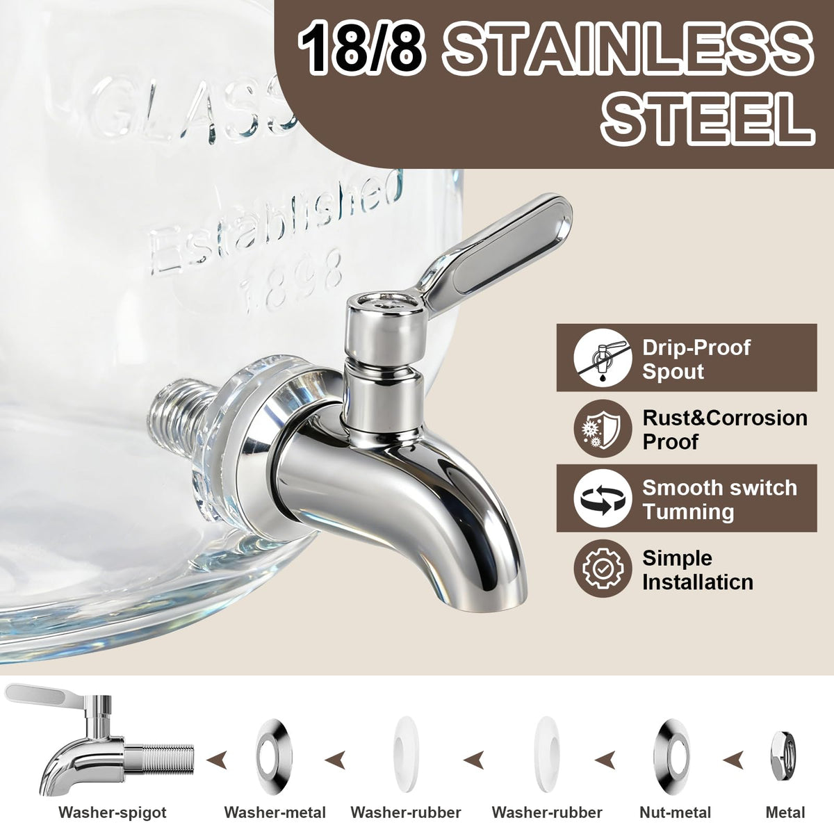RuileMei 1 Gallon Glass Drink Dispensers For Parties,Beverage Dispenser with Stand,304 Stainless Steel Spigot Leakproof,Lemonade Dispenser for Sun Tea, Homemade Juice