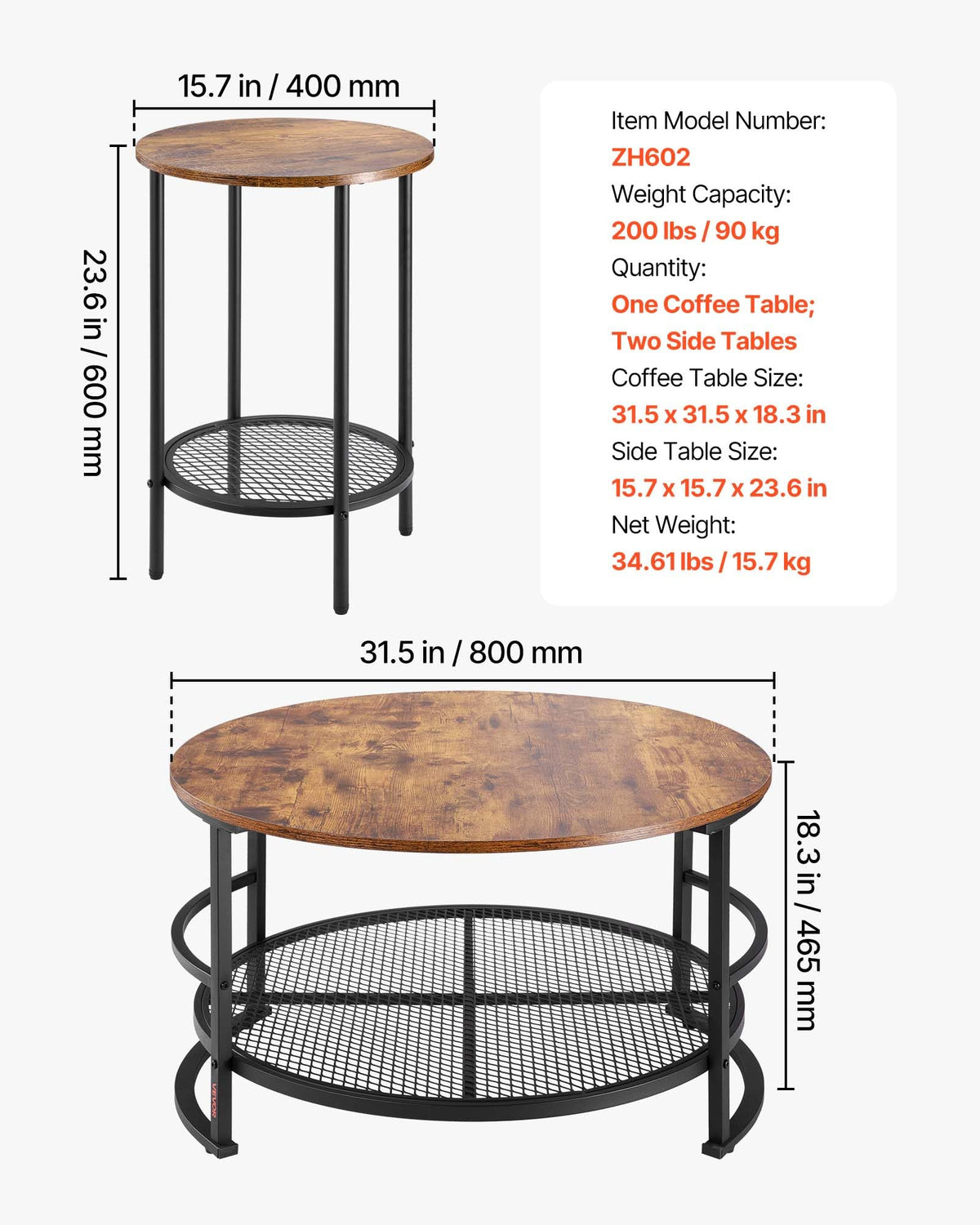 VEVOR 3 Pieces Round Coffee Table Sets, 31.5 in Industrial Living Room Table with 2 End Side Tables, Easy Assembly Coffee and End Tables Sets with Metal Legs, for Office, Living Room and Apartment