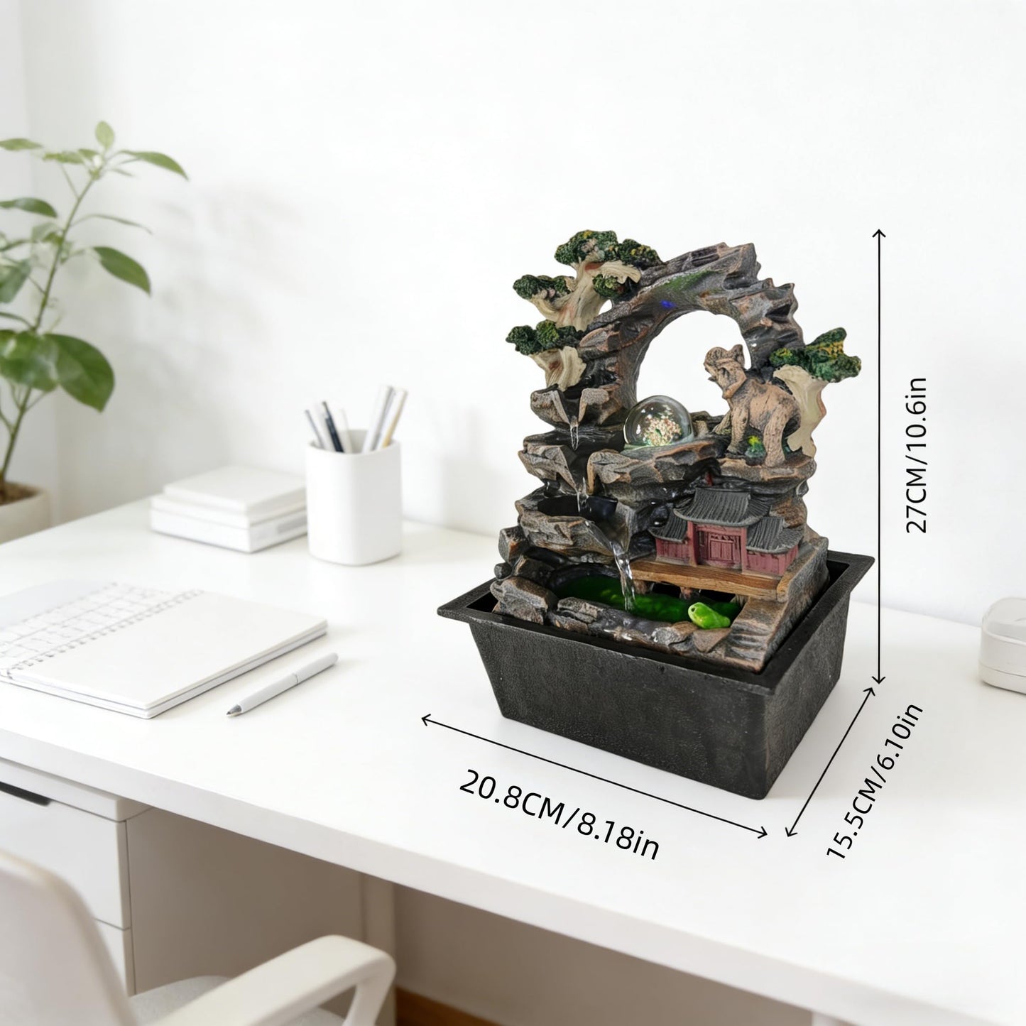 Elephant Asian Pagoda Tabletop Water Fountain, LED Crystal Ball Cascading Rock Waterfall, Indoor Outdoor Zen Decor for Home Office Patio, Soothing Relaxation Sound, Housewarming Gift