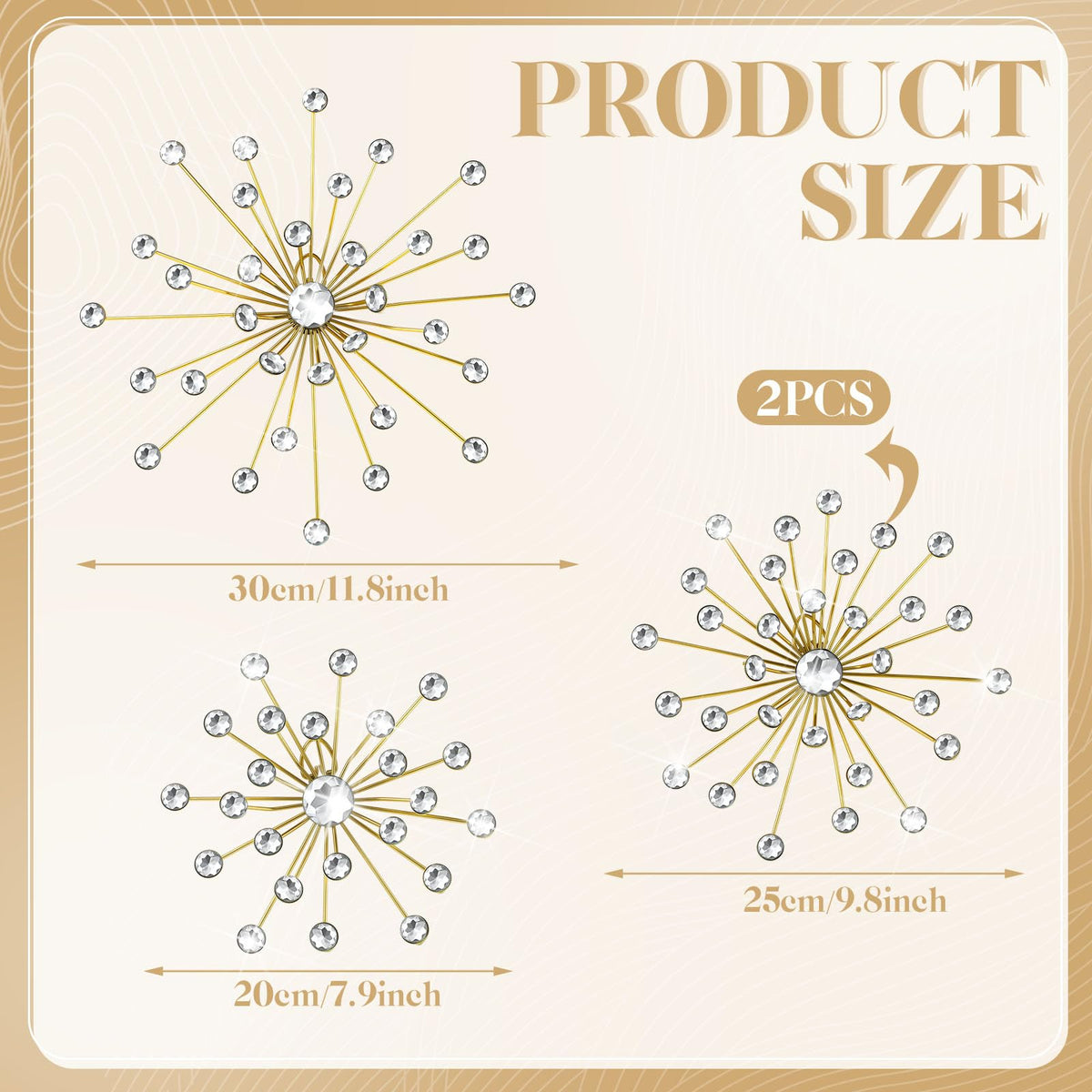 Funnymoom 4 Pcs Gold Starburst Wall Decor Metal Bling Wall Art Gold Crystal Sparkling Rhinestones Bling Decorative Hanging Diamond for Living Room Bedroom Home Office