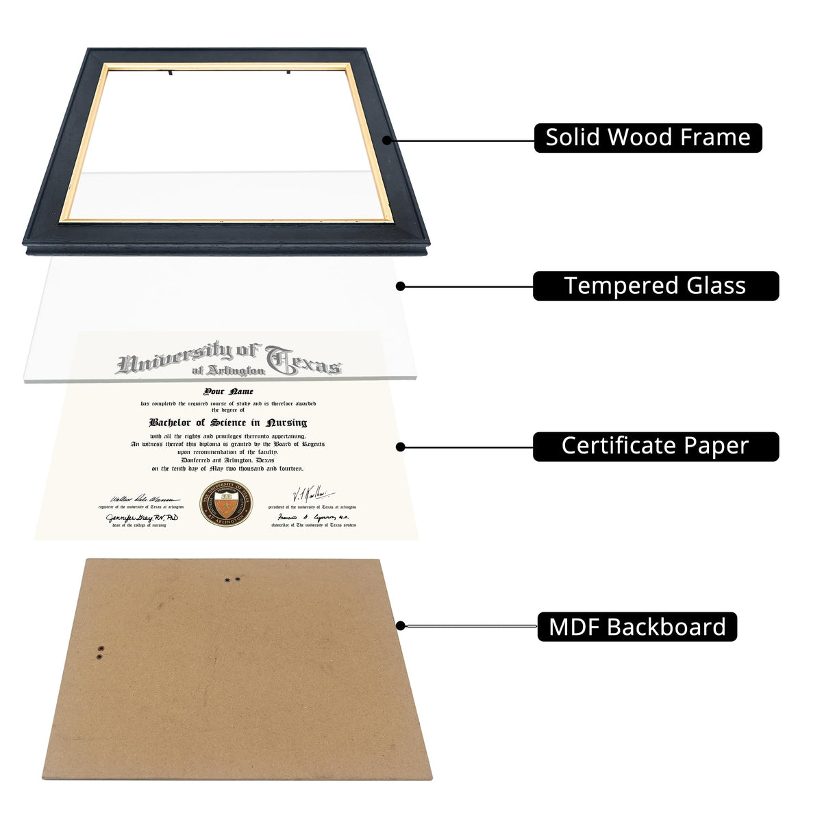 GMFrames 8.5x11 Wood Diploma Frame, Tempered Glass, Rustic Black Finish with Gold Trim