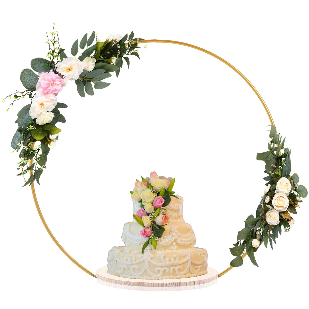 Norme 33.5 Tall Wedding Arch Cake Stand Round Metal Cake Stand for Wedding Reception Hoop Decoration with Wooden Base Floral Decoration Display for Party Events Reception Supplies