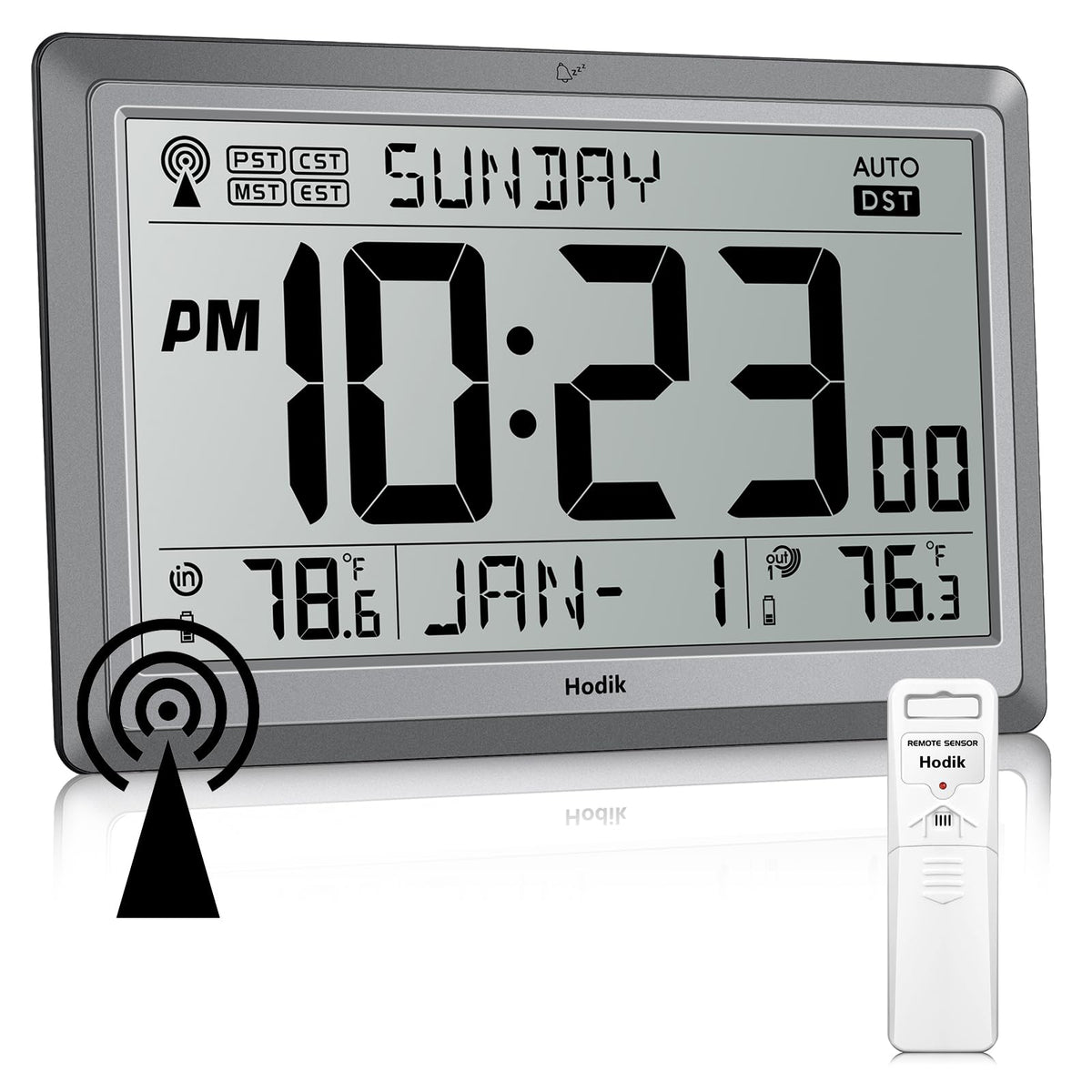 HODIK Wall Clock Atomic with Indoor Outdoor Temperature Battery Powered, Easy Reading with 10.5 Inch LCD Display, 330FT Range Table Wall Clock with DST, 12/24 Hour for Living Room Kitchen (Silver)