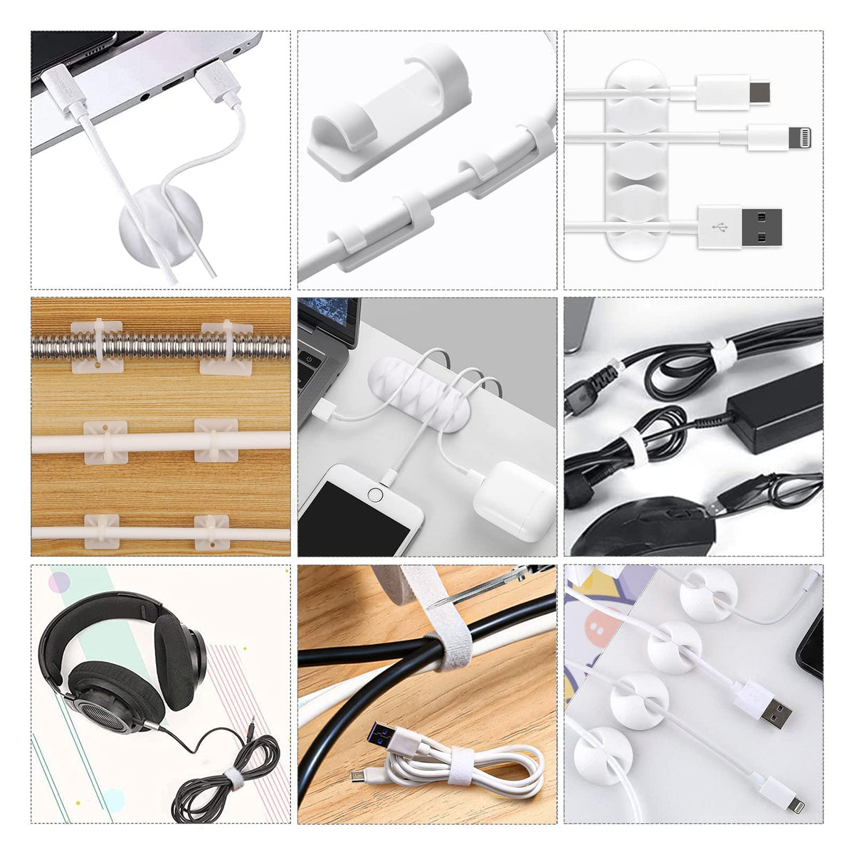 CHZHLI White Cable Management Organizer Kit, 2 Wire Sleeve Protector, 41 Self Adhesive Cable Clips Holder, 10pcs+2 Roll Reusable Cable Ties and 100 Cable Zip Ties for TV Computer Cord Tidy Under Desk