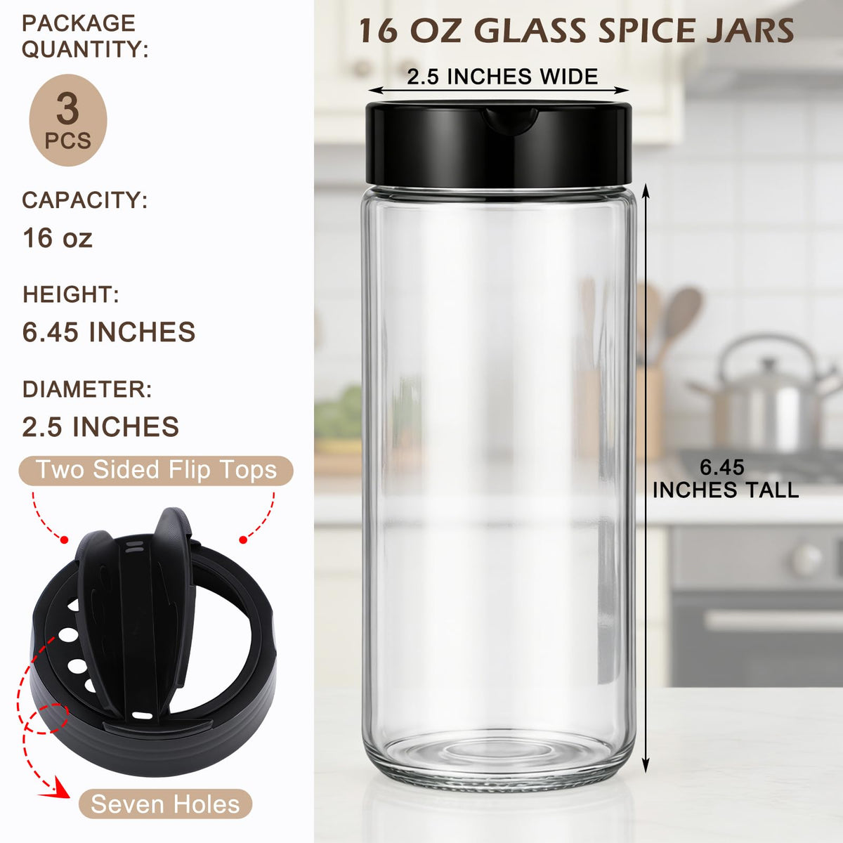 Acellegic 3 Pack 16 oz Glass Spice Jars with Shaker Tops Lids Large Spice Bottle with Lids for Kitchen, Herbs, Sugar, Pantry Herb Salt Pepper Storage (Round)