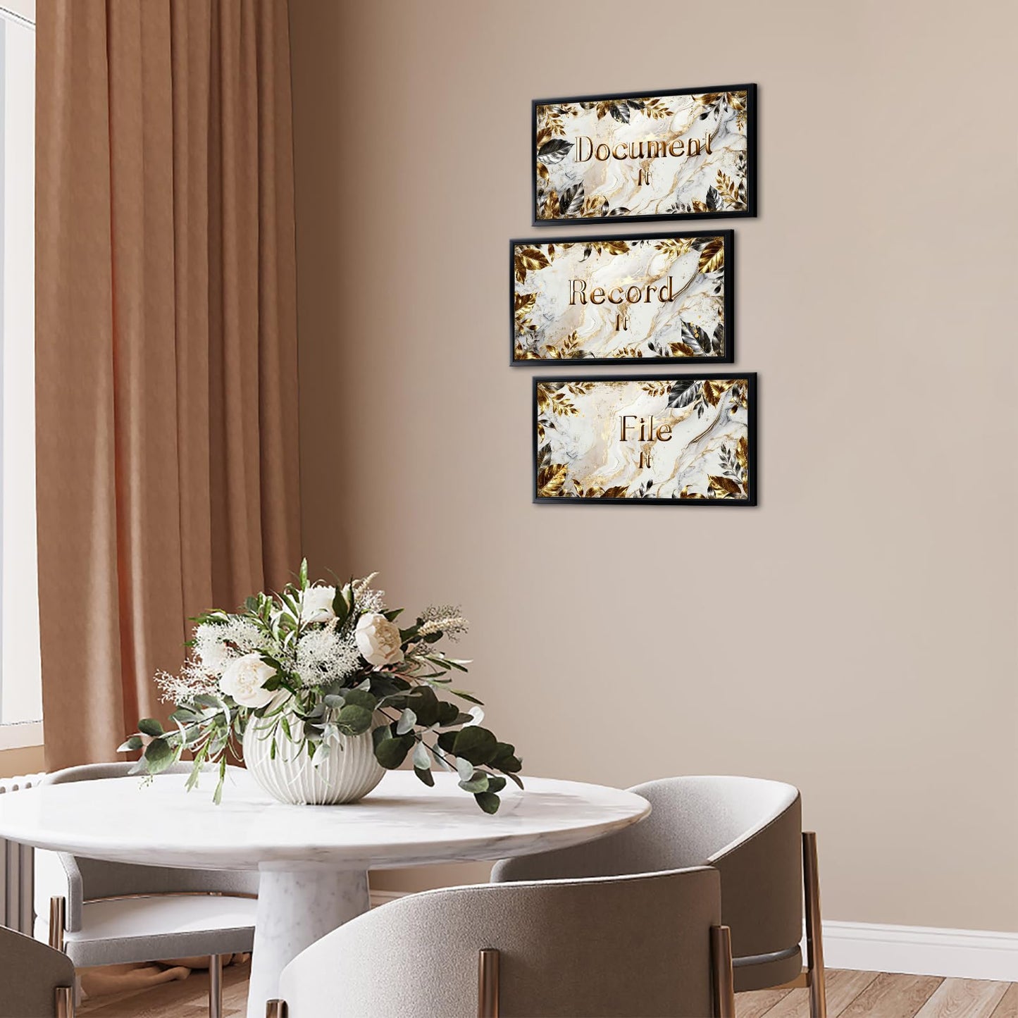Visual Art Decor Office Decor Sign Canvas Wall Art Gold Grey Leaves Painting Black Frame Sayings Pictures Canvas Print 8"x16"x3Pcs, with Hooks Home Office Decoration for Woman and Man